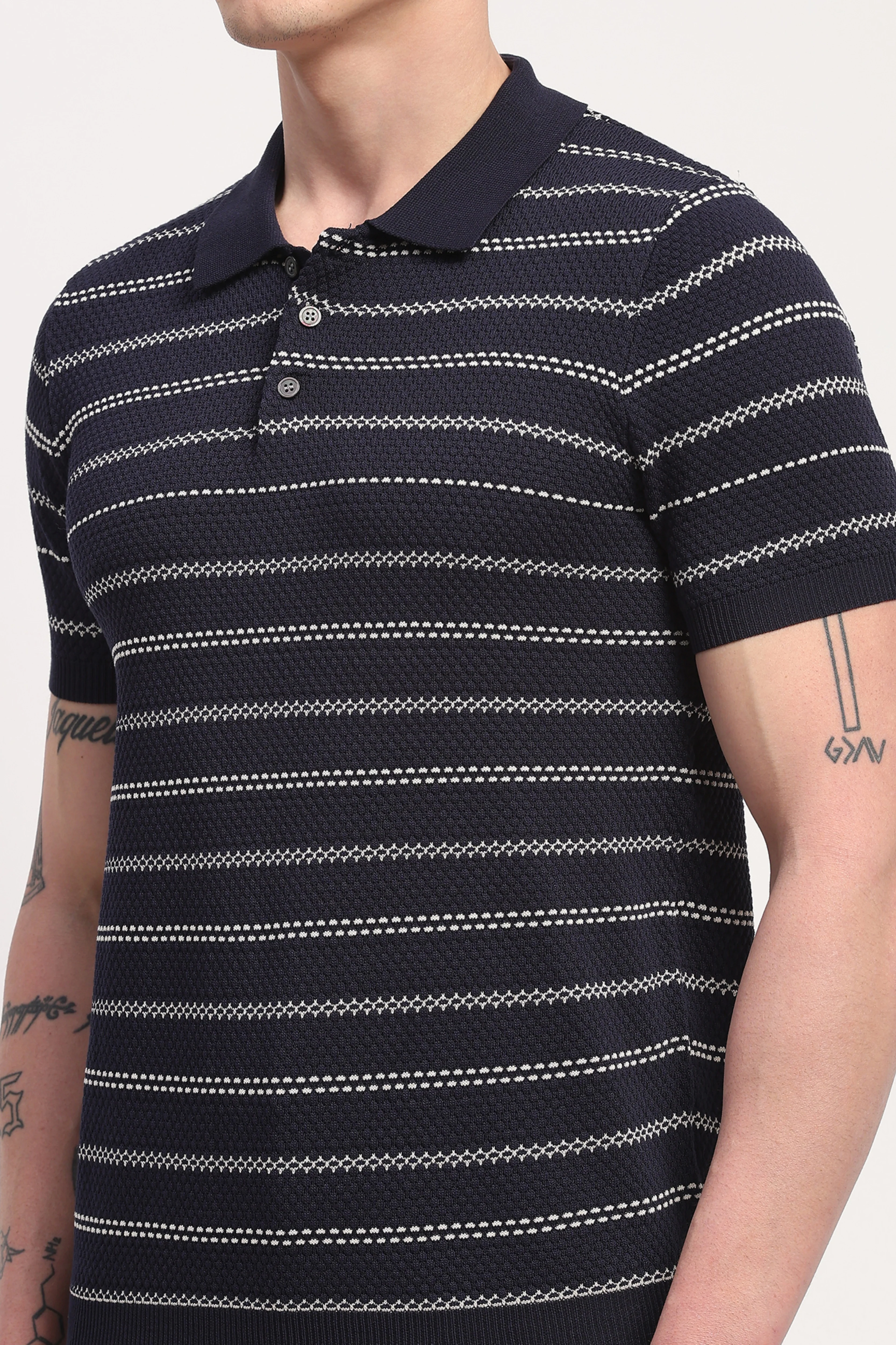 Navy Blue Viscose Blend Woven Self Design T-Shirt - Image 6