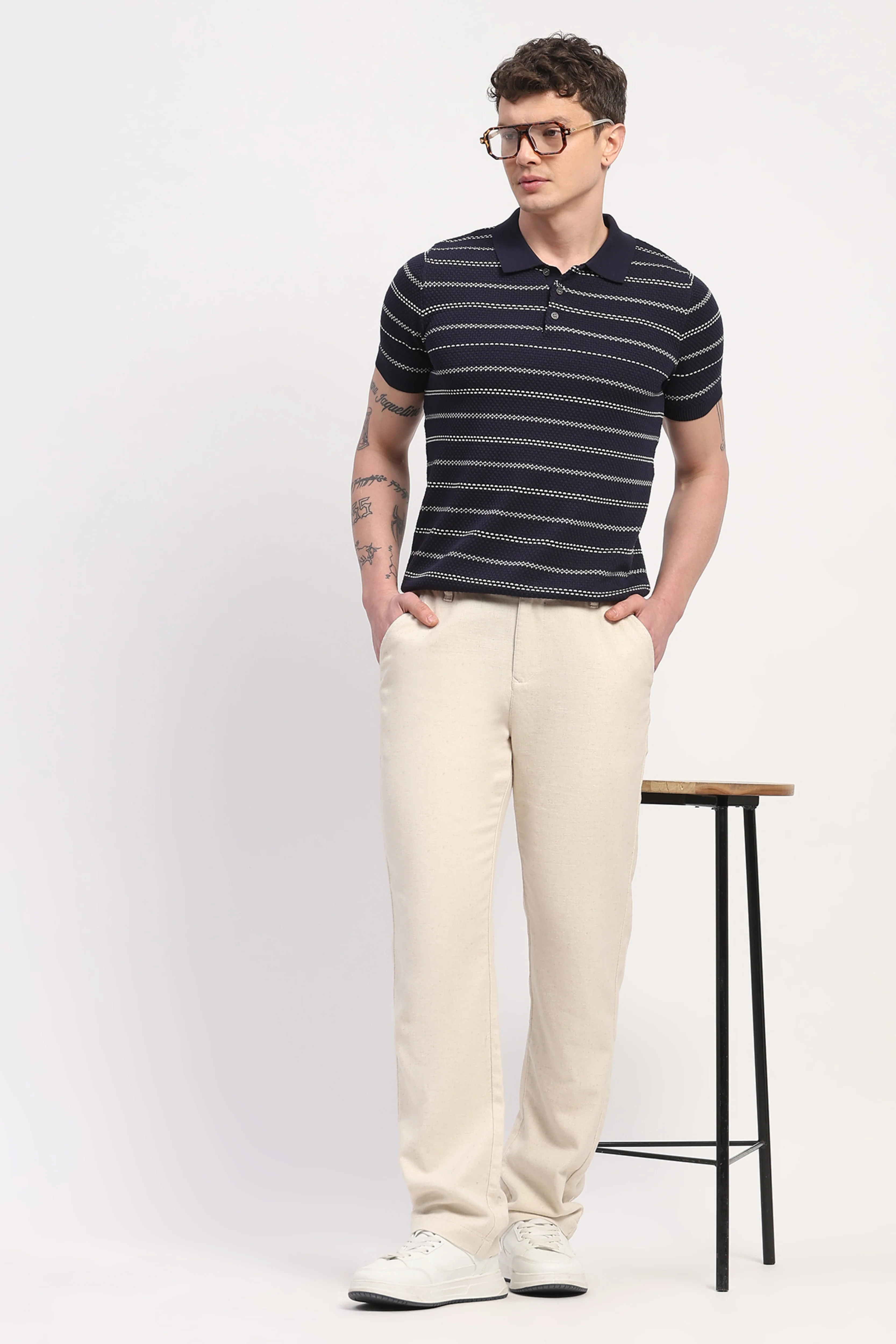 Navy Blue Viscose Blend Woven Self Design T-Shirt - Image 7