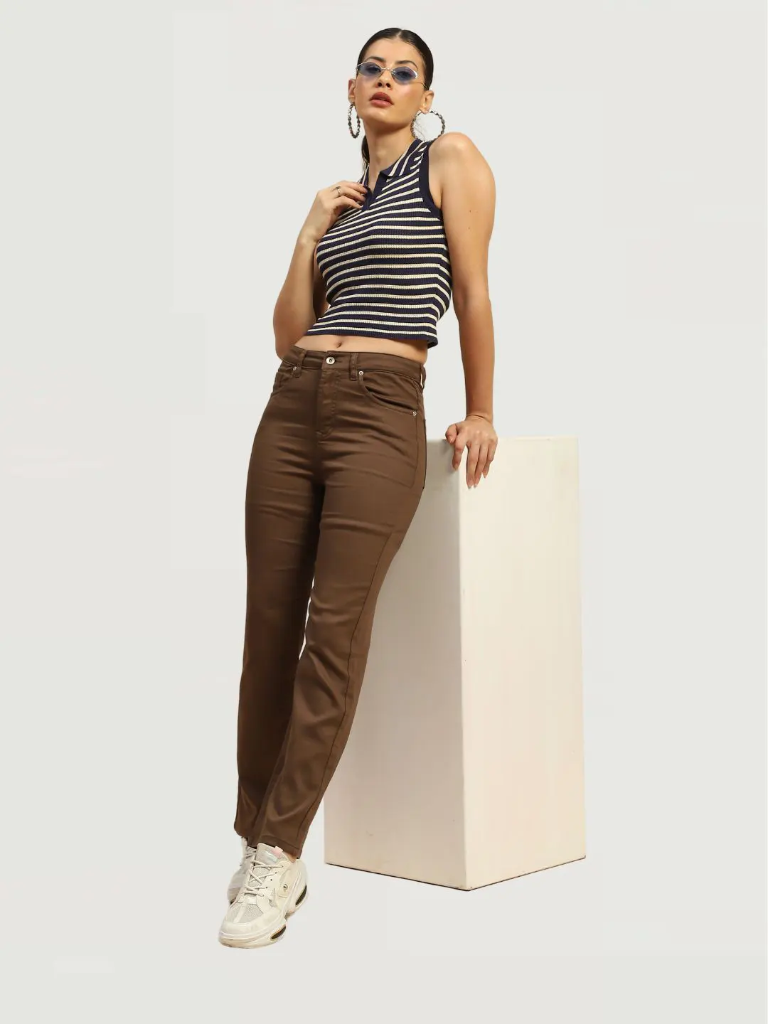 Navy Viscose Striped Slim Crop Top - Image 12
