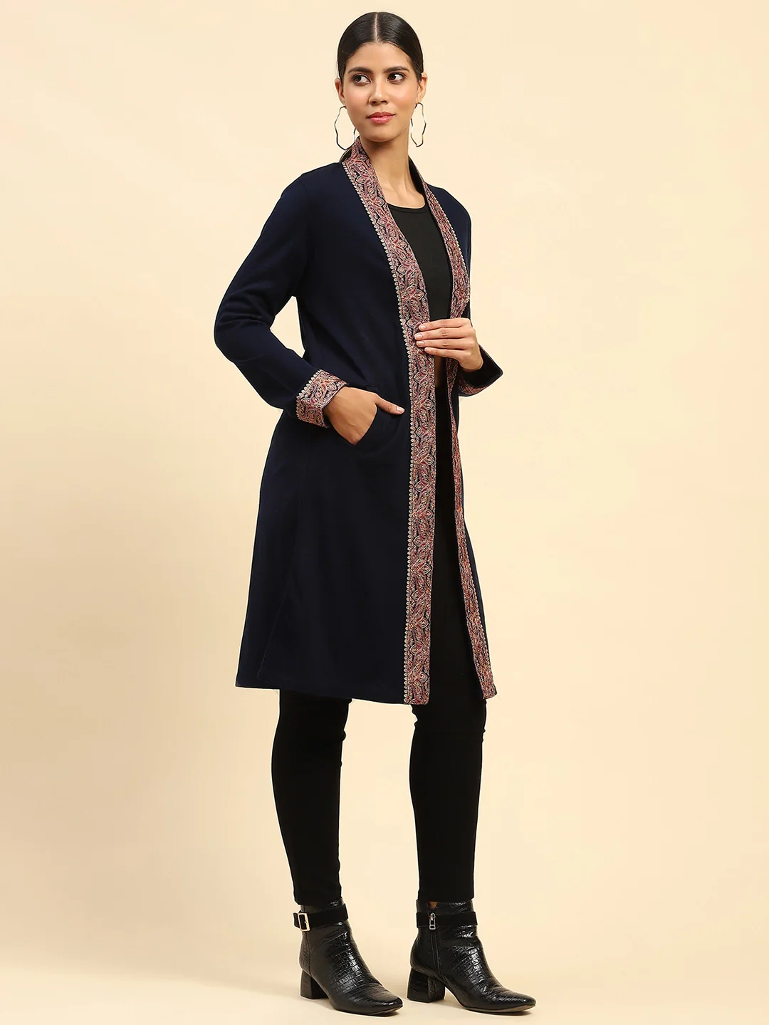 Navy Blue Woolen Embroidered Shrug - Image 9