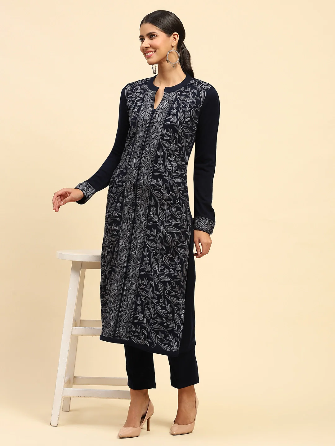 Navy Blue Woolen Embroidered Kurta - Image 12