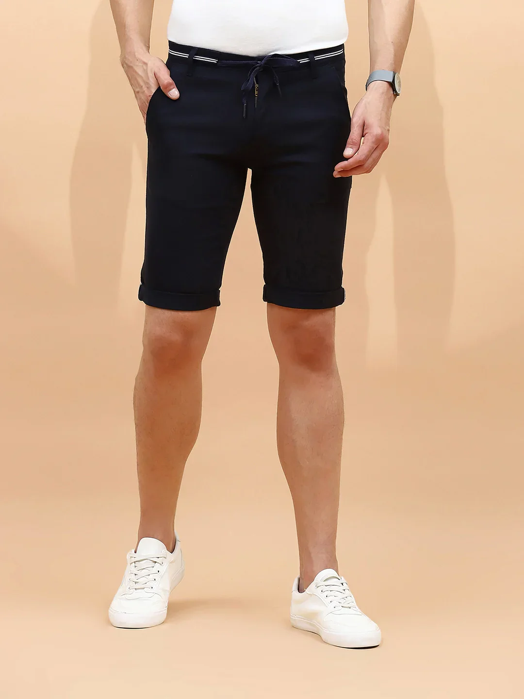 Navy Cotton Blend Regular Fit Shorts