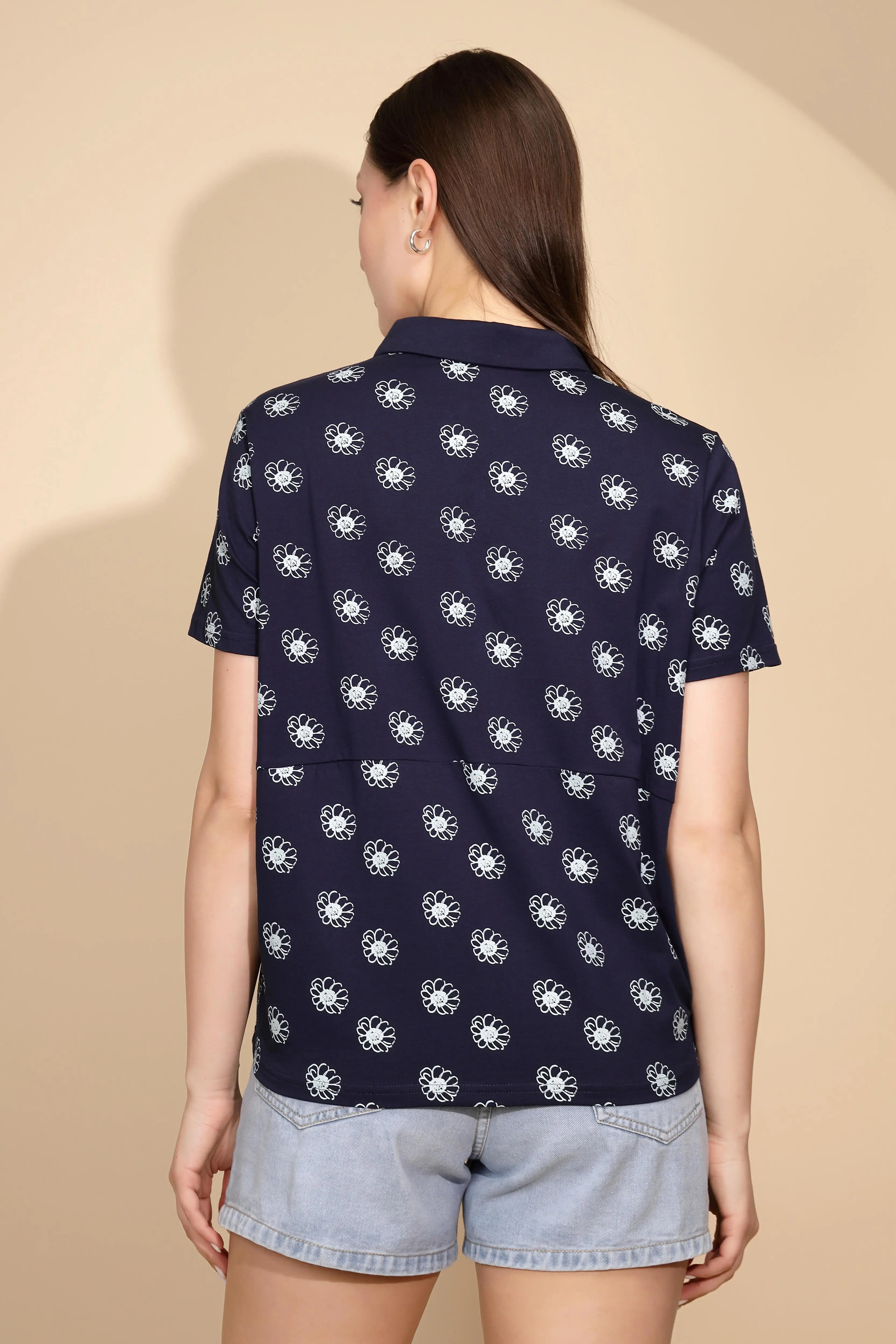 Navy Floral Cotton Blend Top - Image 2