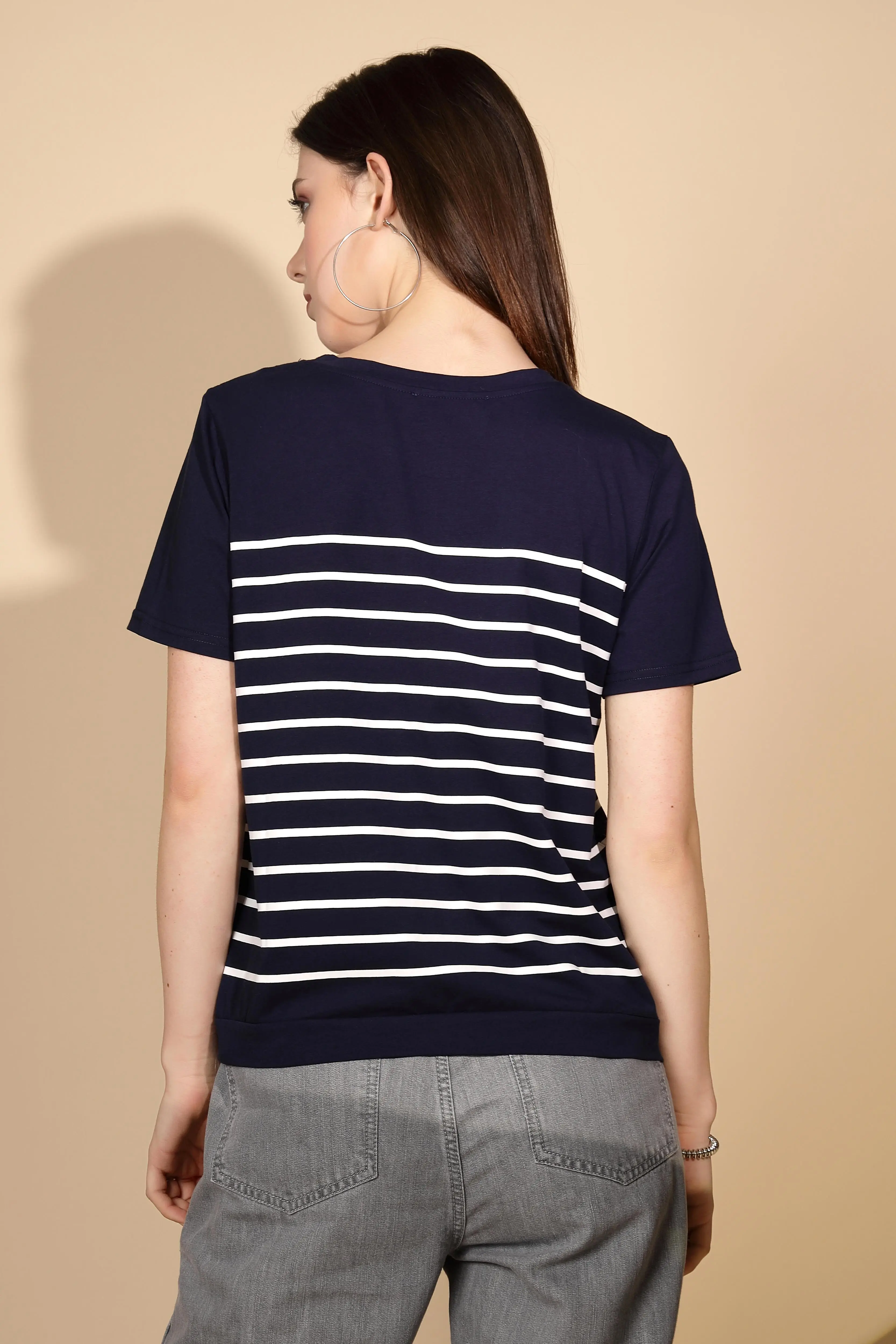 Navy Blue Cotton Blend Striped Top - Image 2