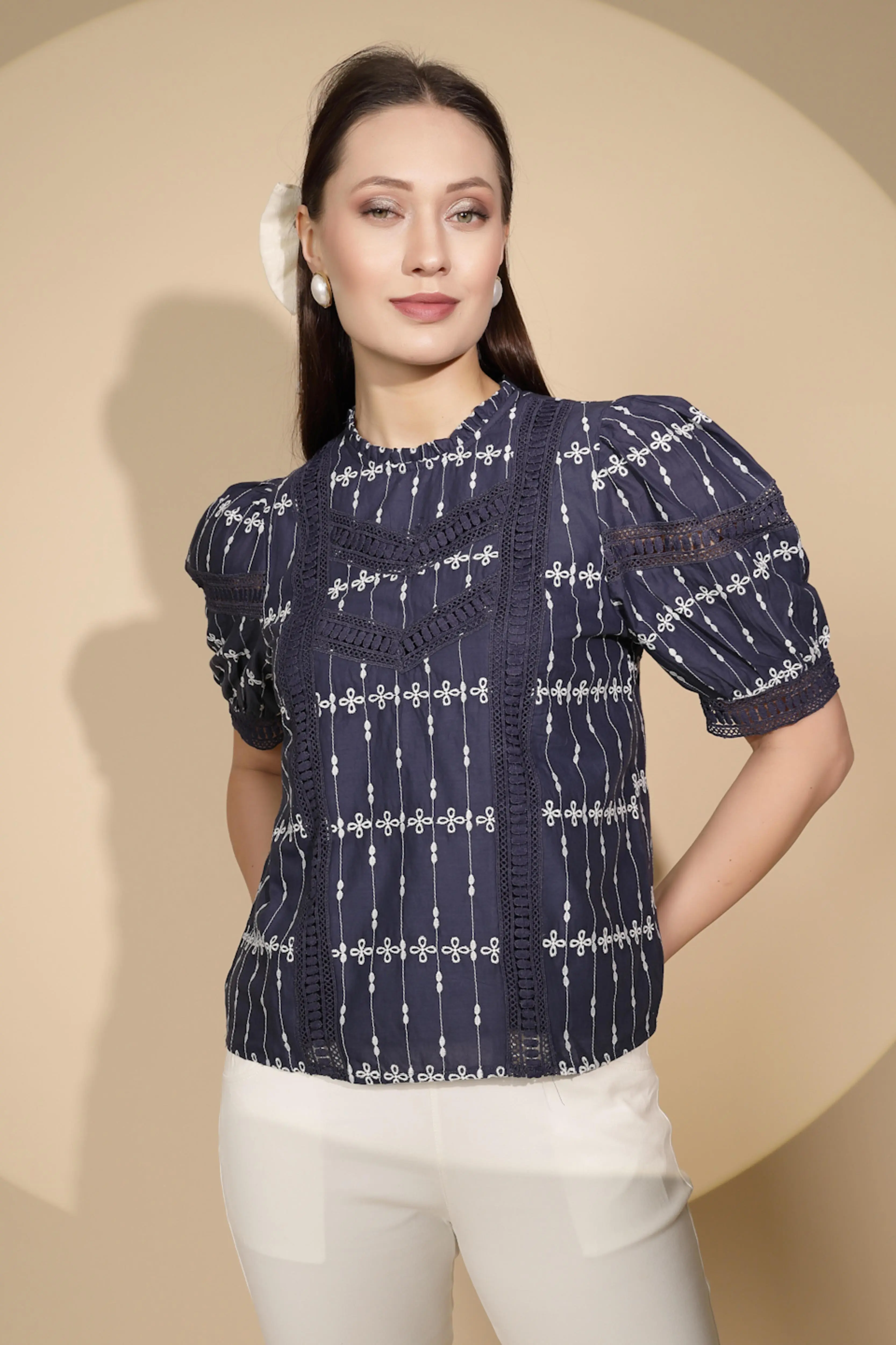 Navy Cotton Regular Fit Blouson Top