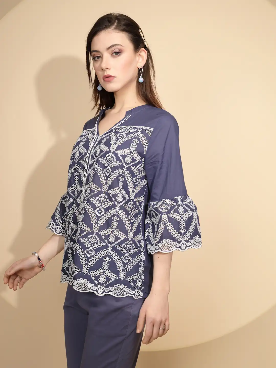 Navy Embroidered Cotton Top - Image 10
