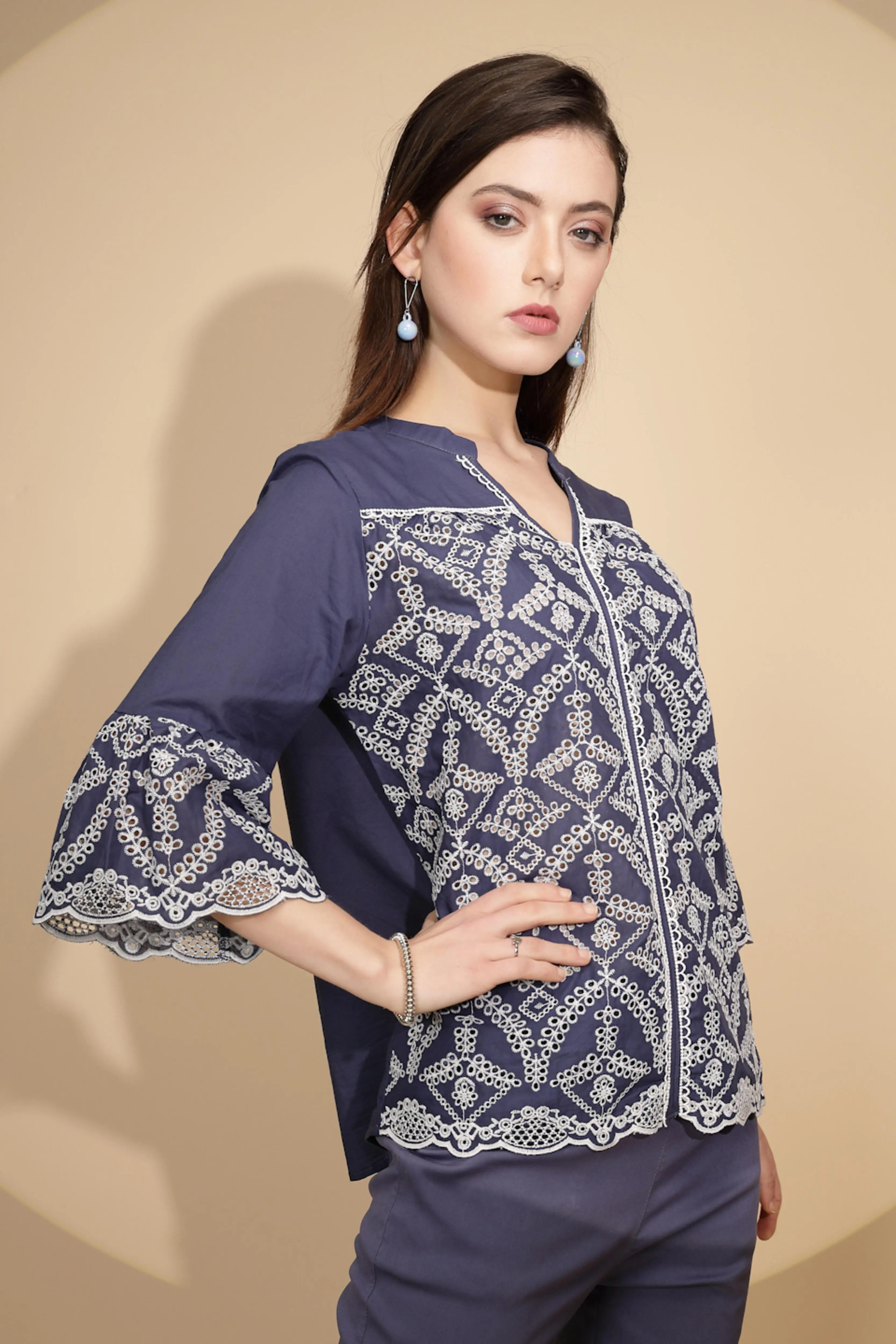 Navy Embroidered Cotton Top - Image 4