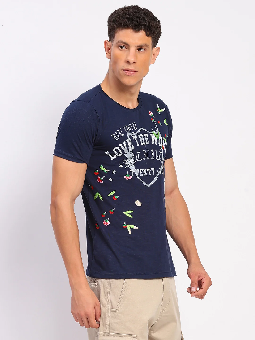 Navy Cotton Print & Embroidered T-Shirt - Image 4