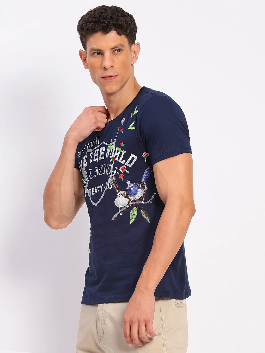Navy Cotton Print & Embroidered T-Shirt - Image 5