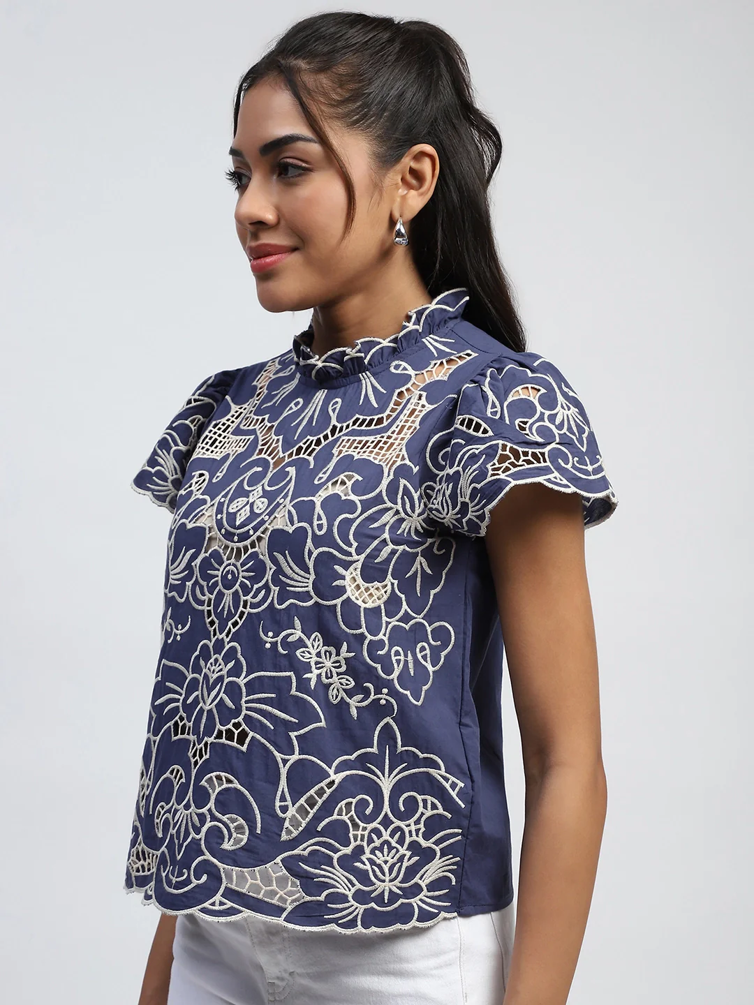 Navy Cut Work Embroidered Cotton Top - Image 13