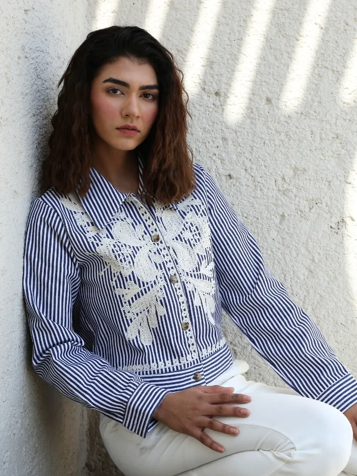 Navy Embroidered Striped Cotton Shirt - Image 8