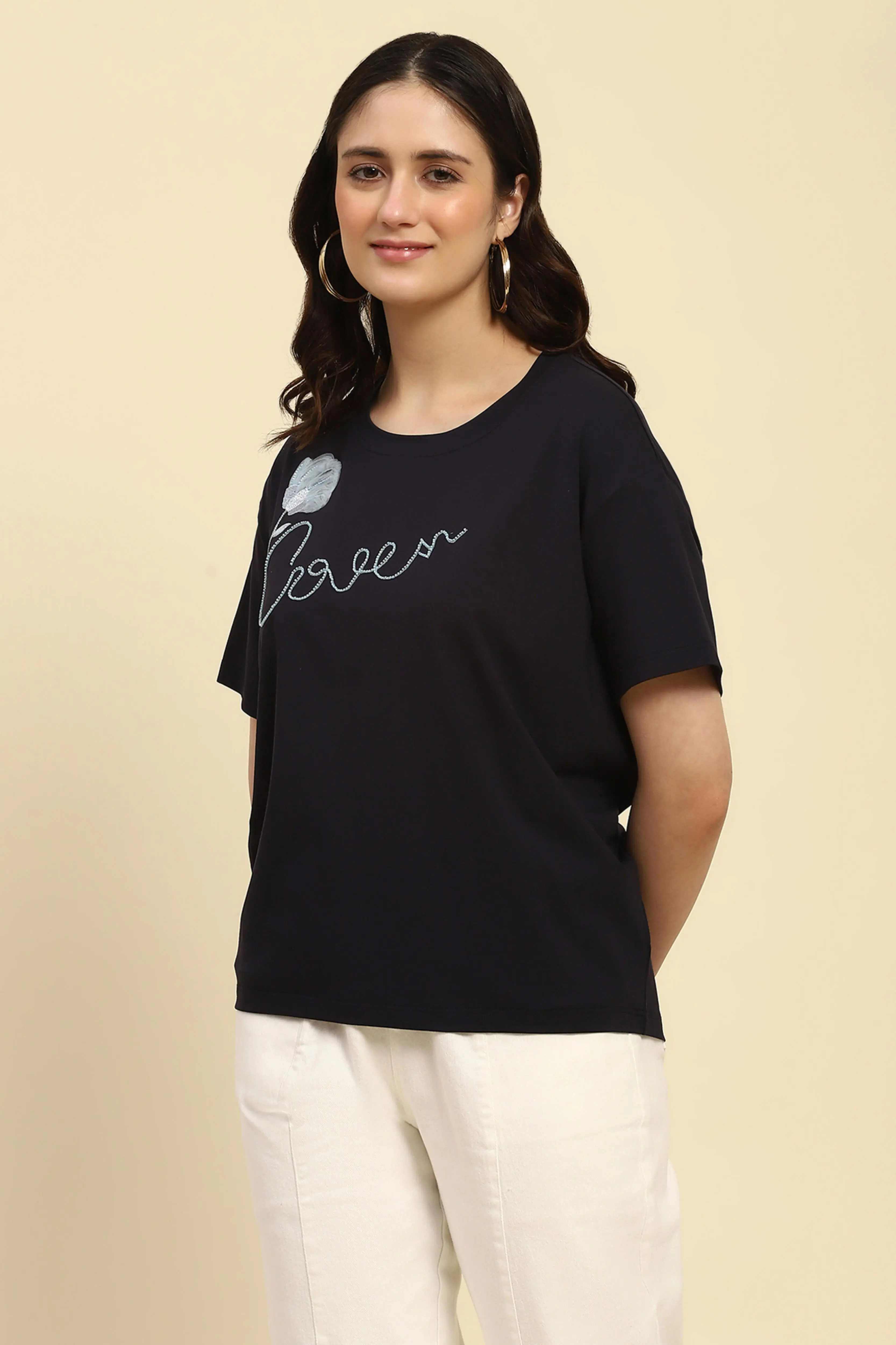 Navy Embroidered Modal Oversized Top - Image 2