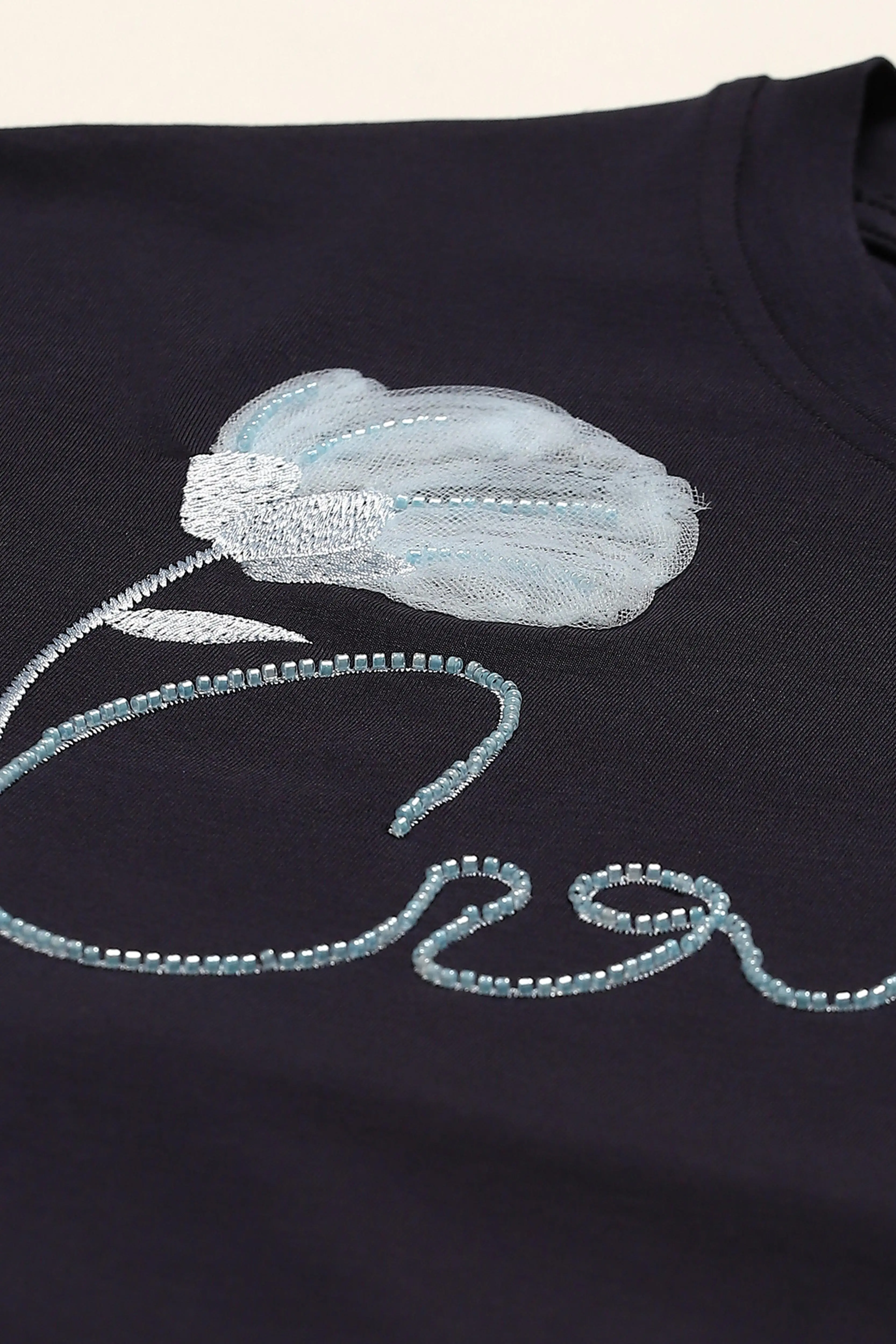 Navy Embroidered Modal Oversized Top - Image 7