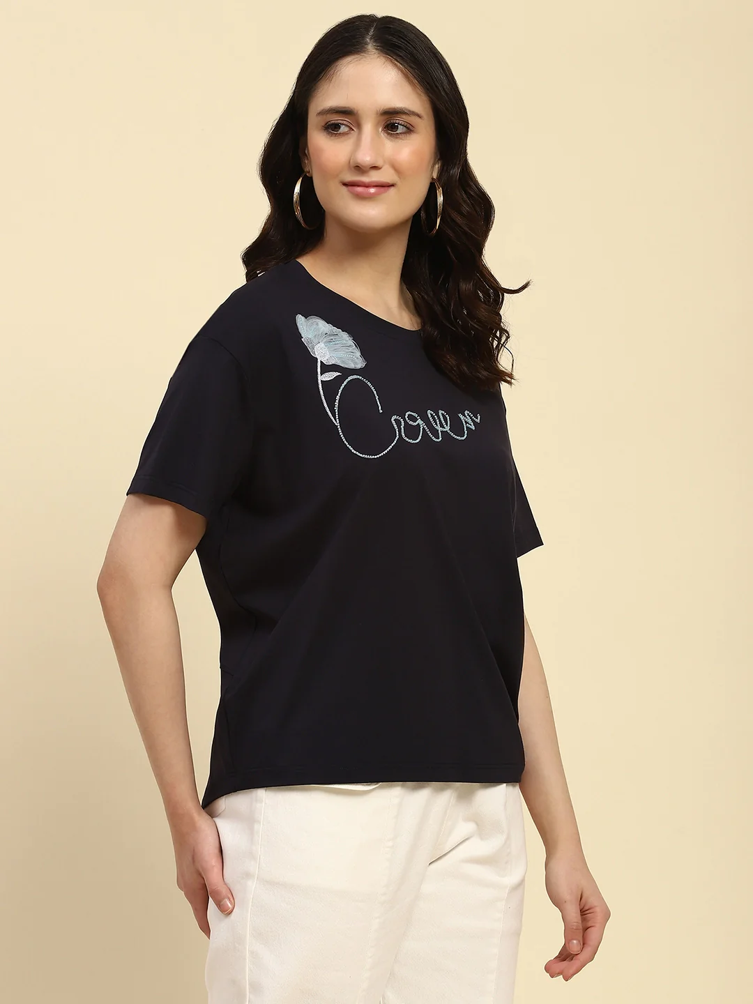 Navy Embroidered Modal Oversized Top - Image 9