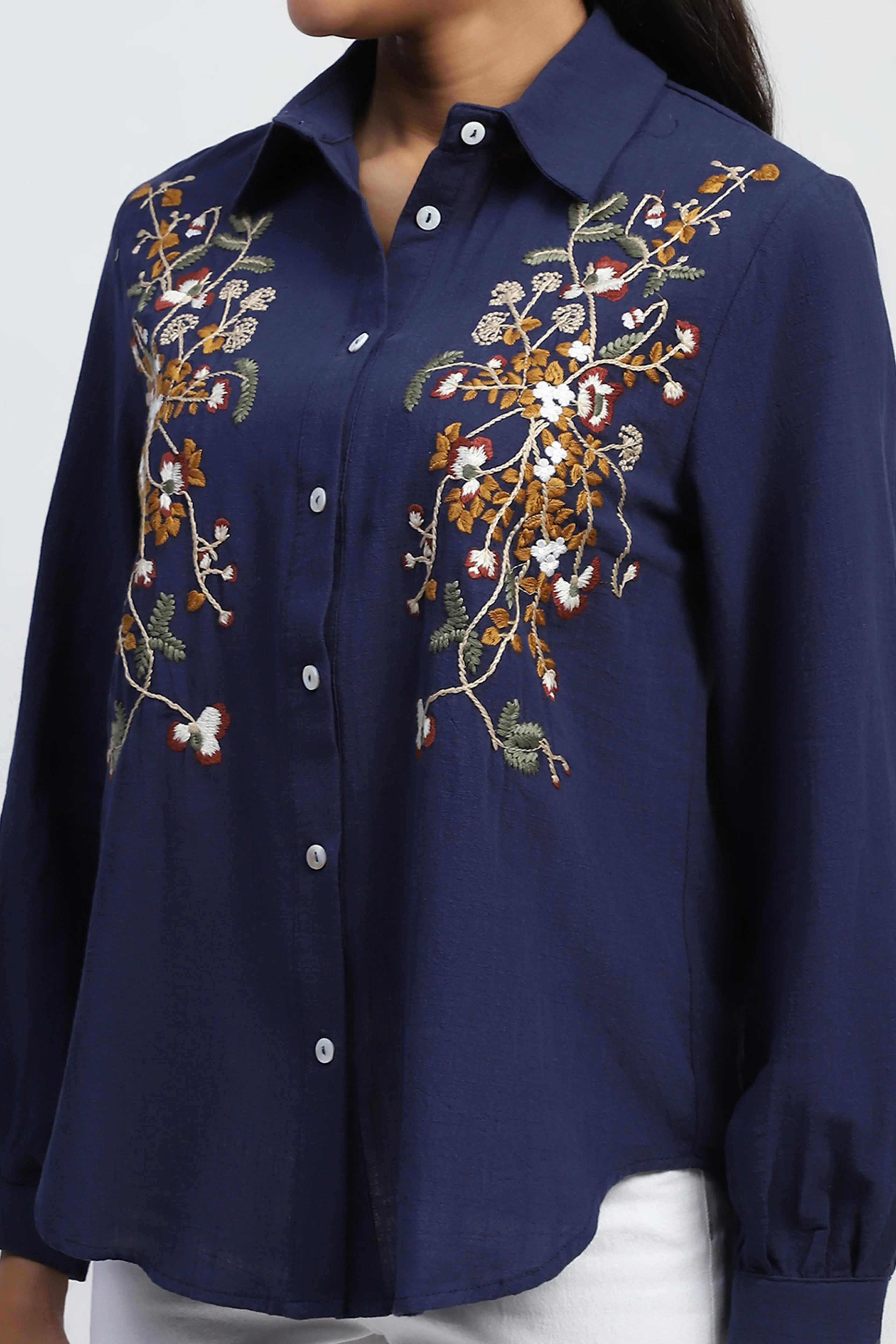 Navy Floral Embroidered Cotton Shirt - Image 5