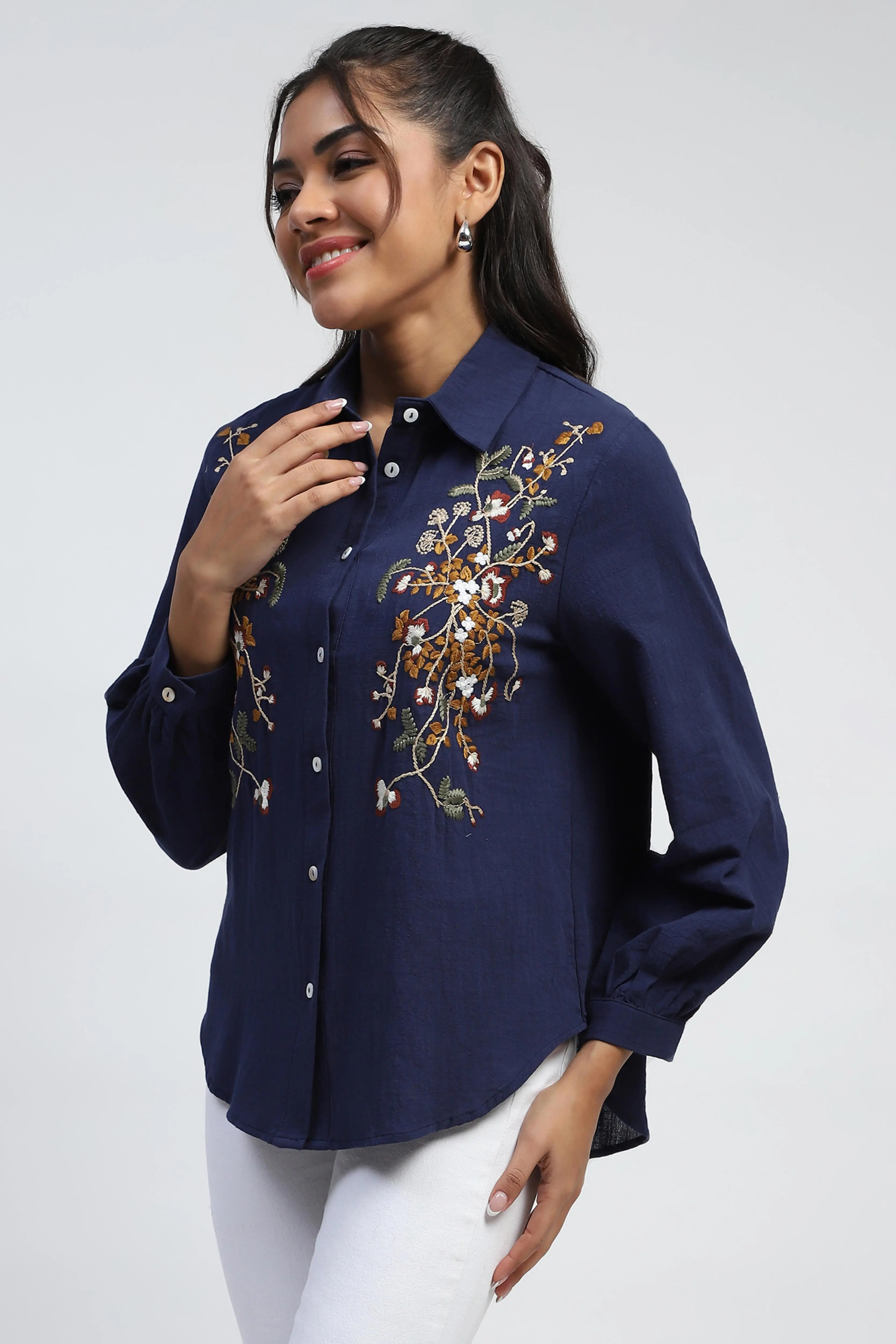Navy Floral Embroidered Cotton Shirt - Image 7