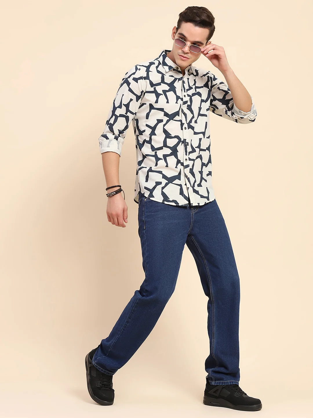 Navy Abstract Cotton Casual Shirt - Image 8