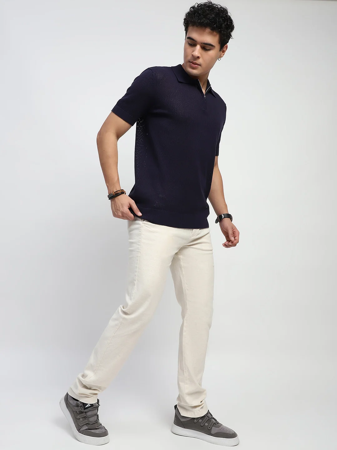Navy Self Design Cotton Polo T-Shirt - Image 12