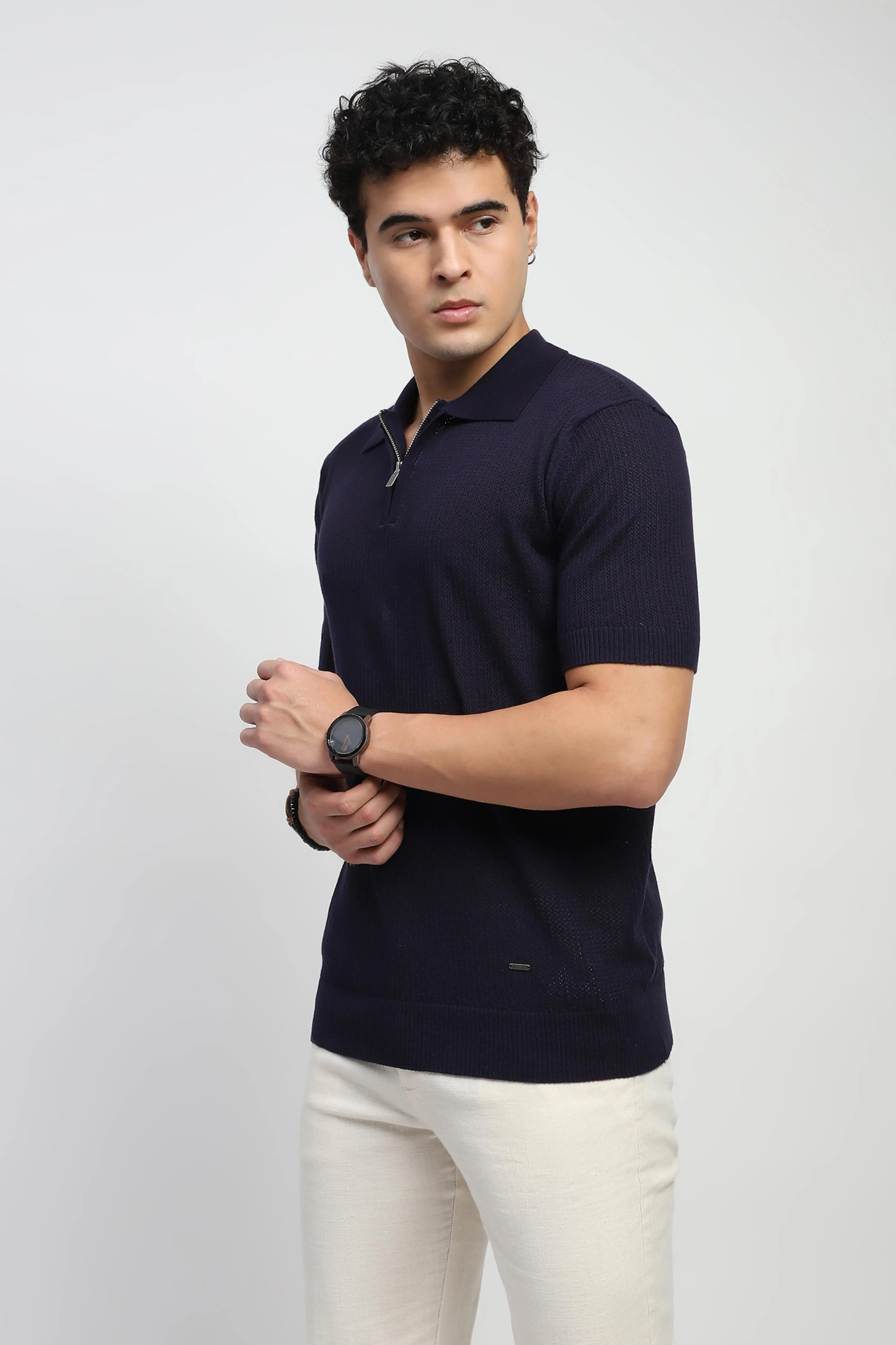 Navy Self Design Cotton Polo T-Shirt - Image 2