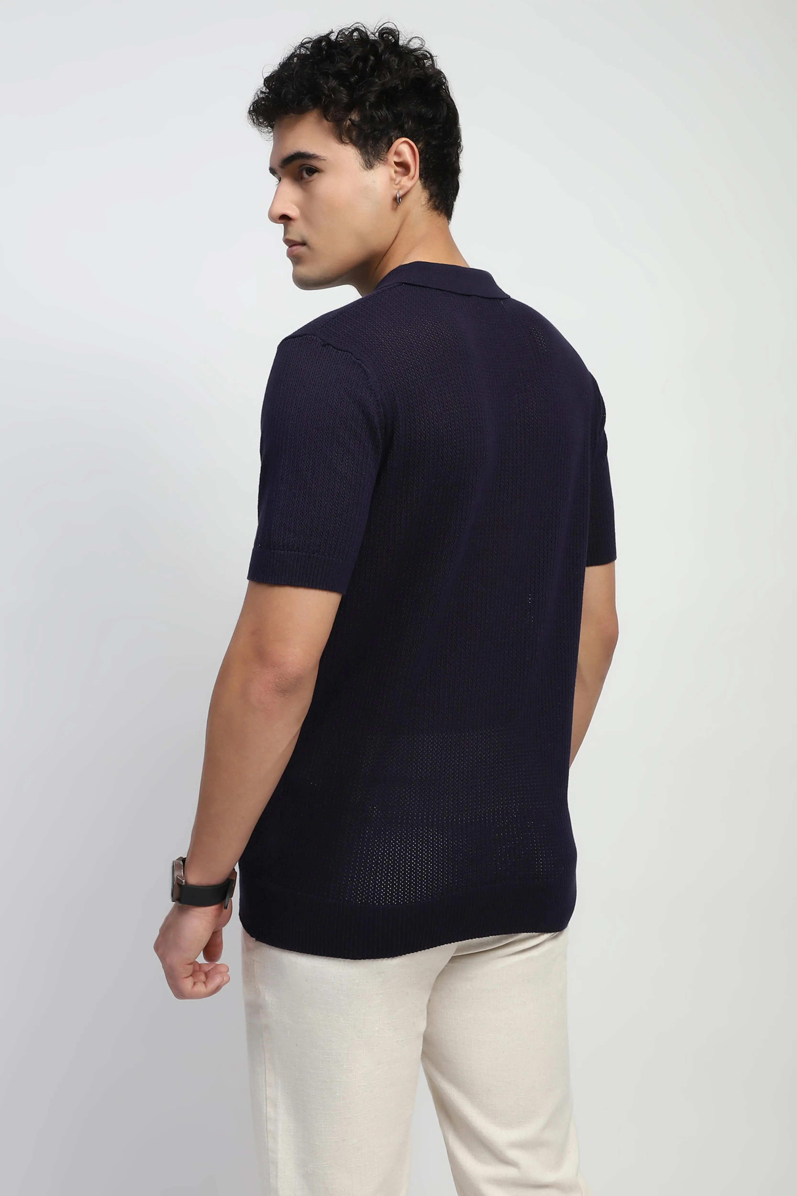 Navy Self Design Cotton Polo T-Shirt - Image 4