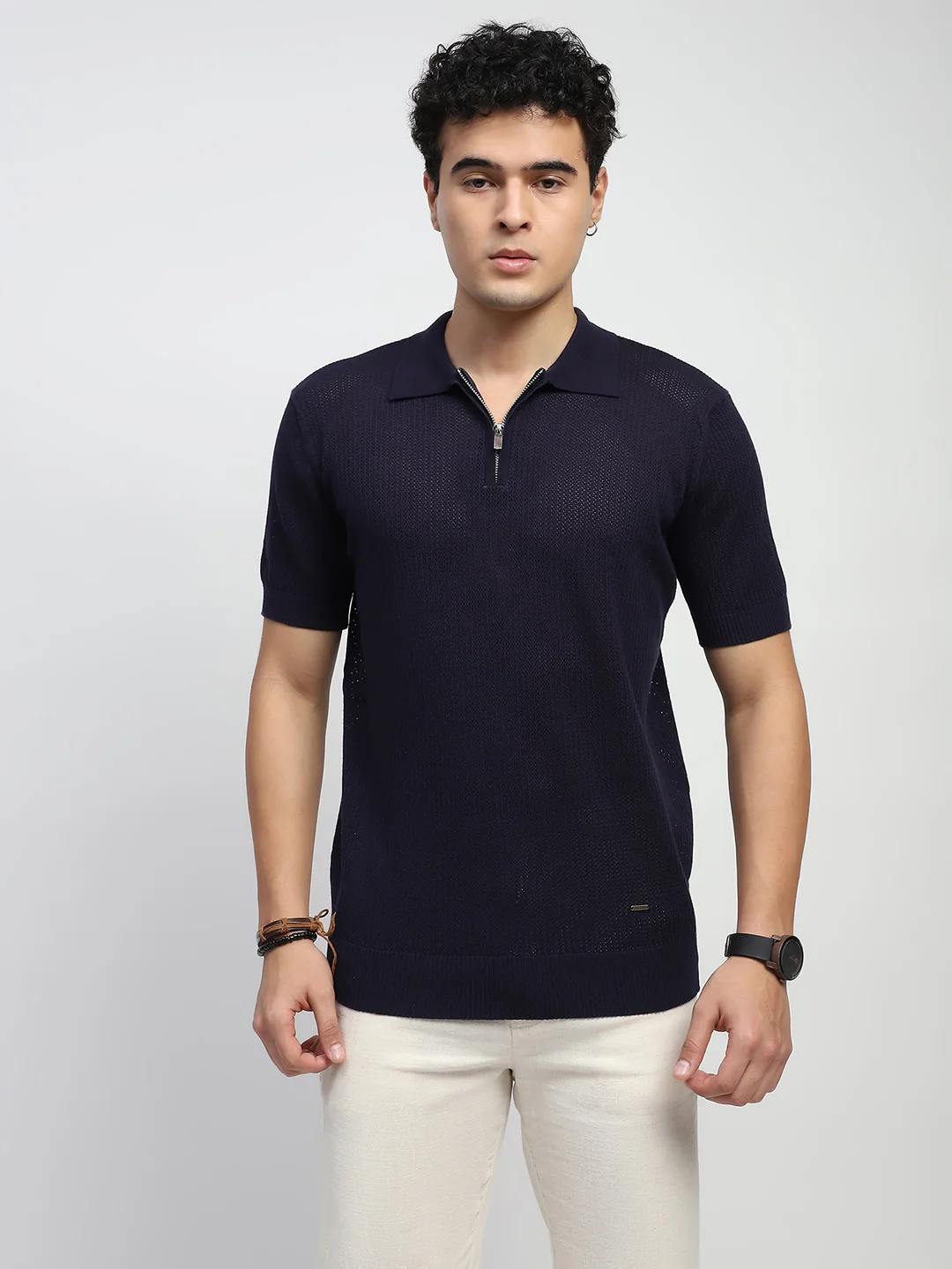 Navy Self Design Cotton Polo T-Shirt - Image 6