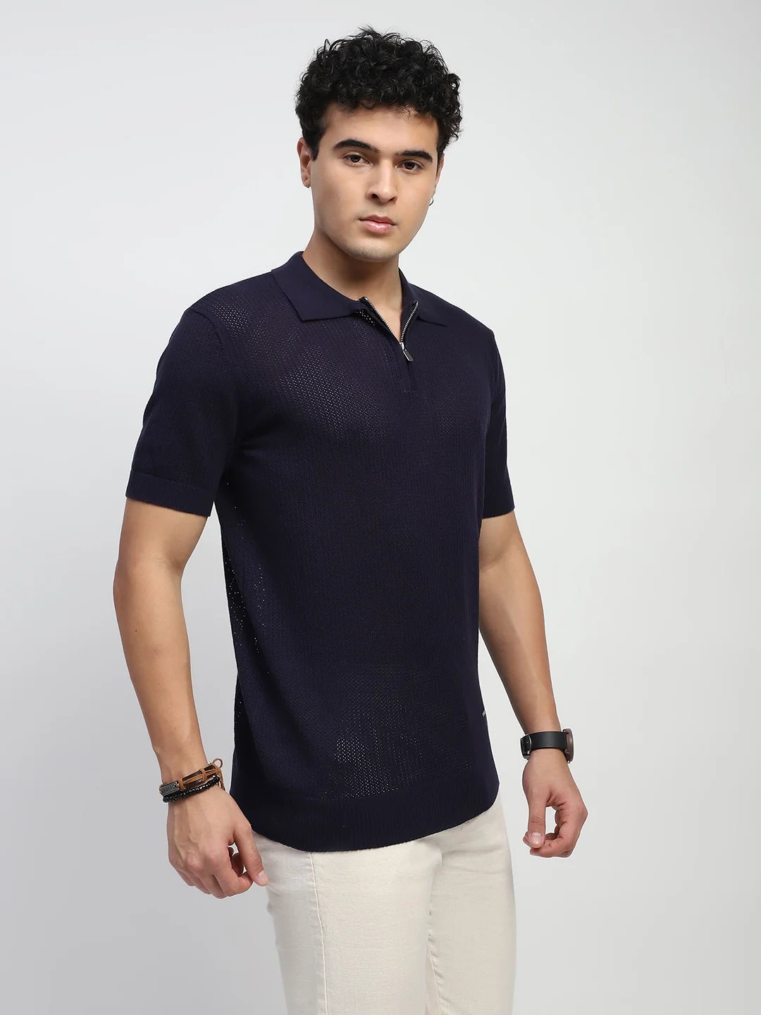 Navy Self Design Cotton Polo T-Shirt - Image 9
