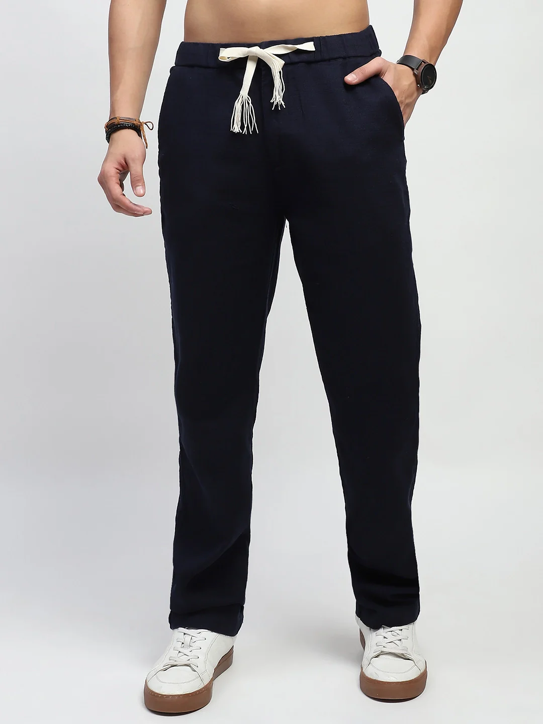 Navy Solid Cotton Loose Fit Trouser - Image 11