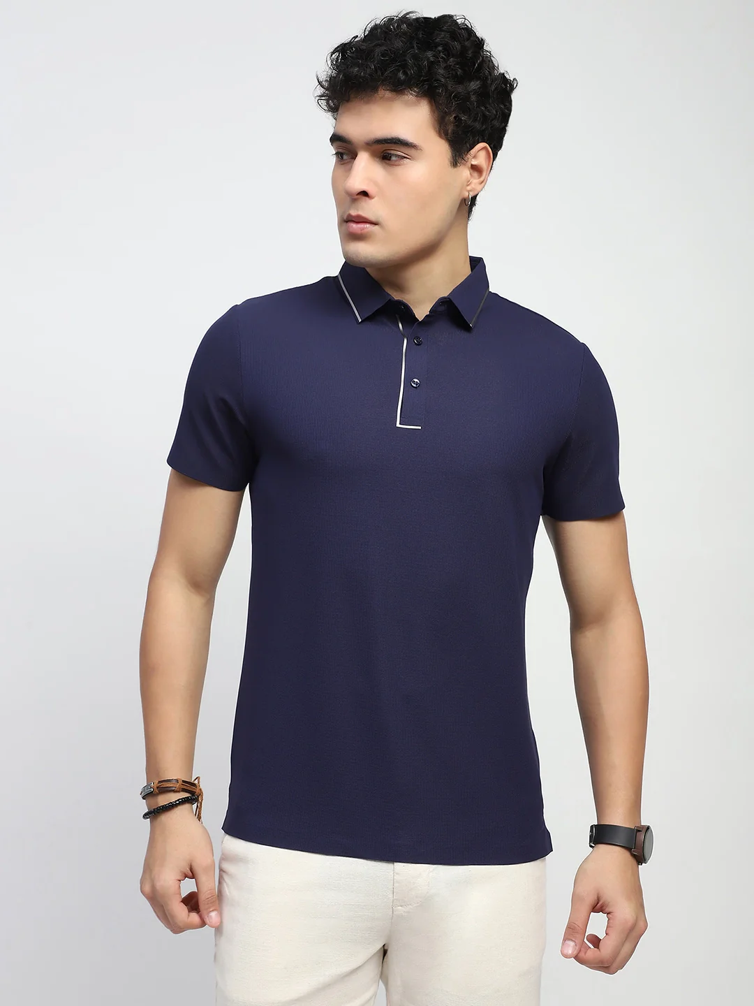 Navy Solid Nylon Polo T-Shirt - Image 10