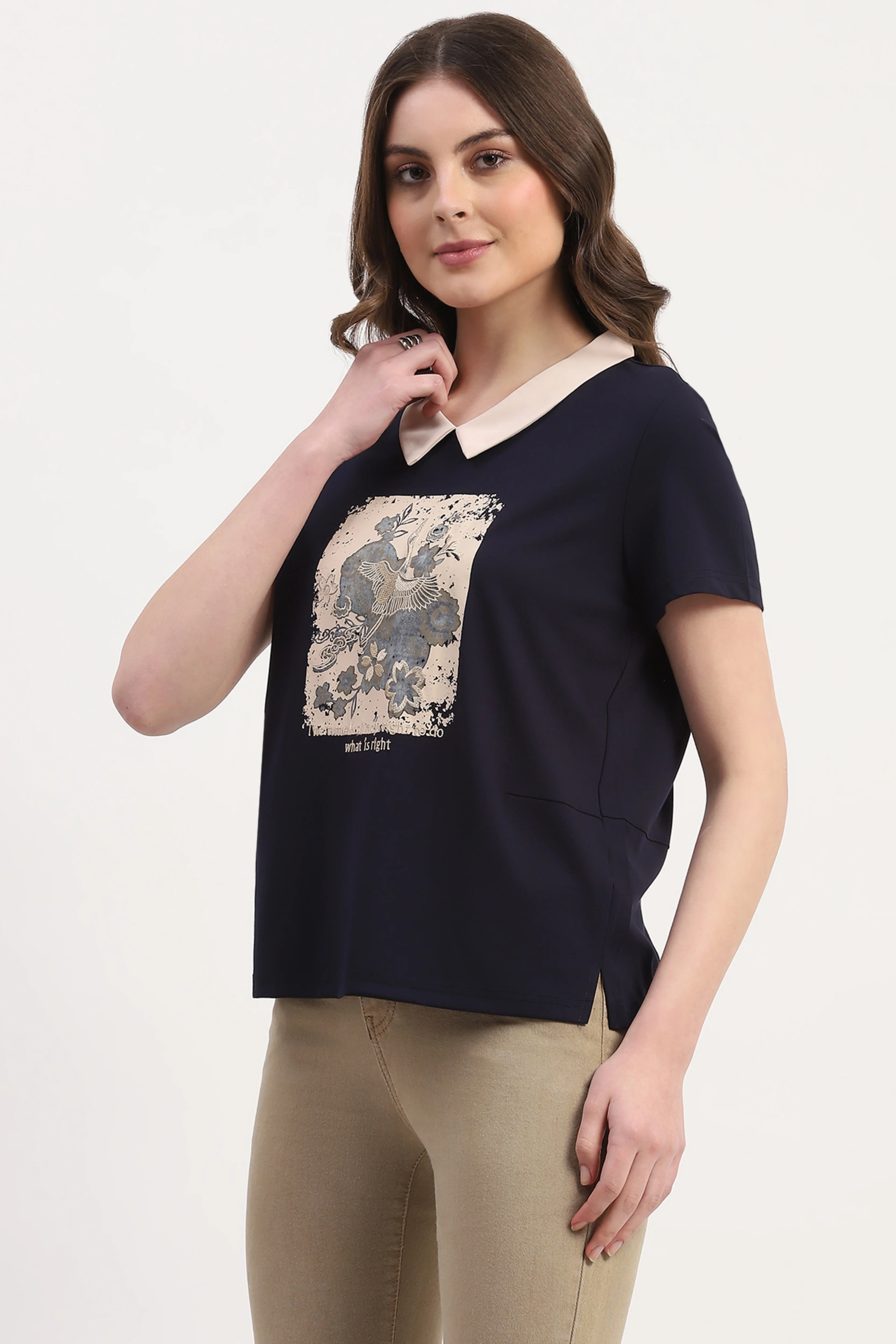 Navy Viscose Blend Graphic Print Top - Image 3