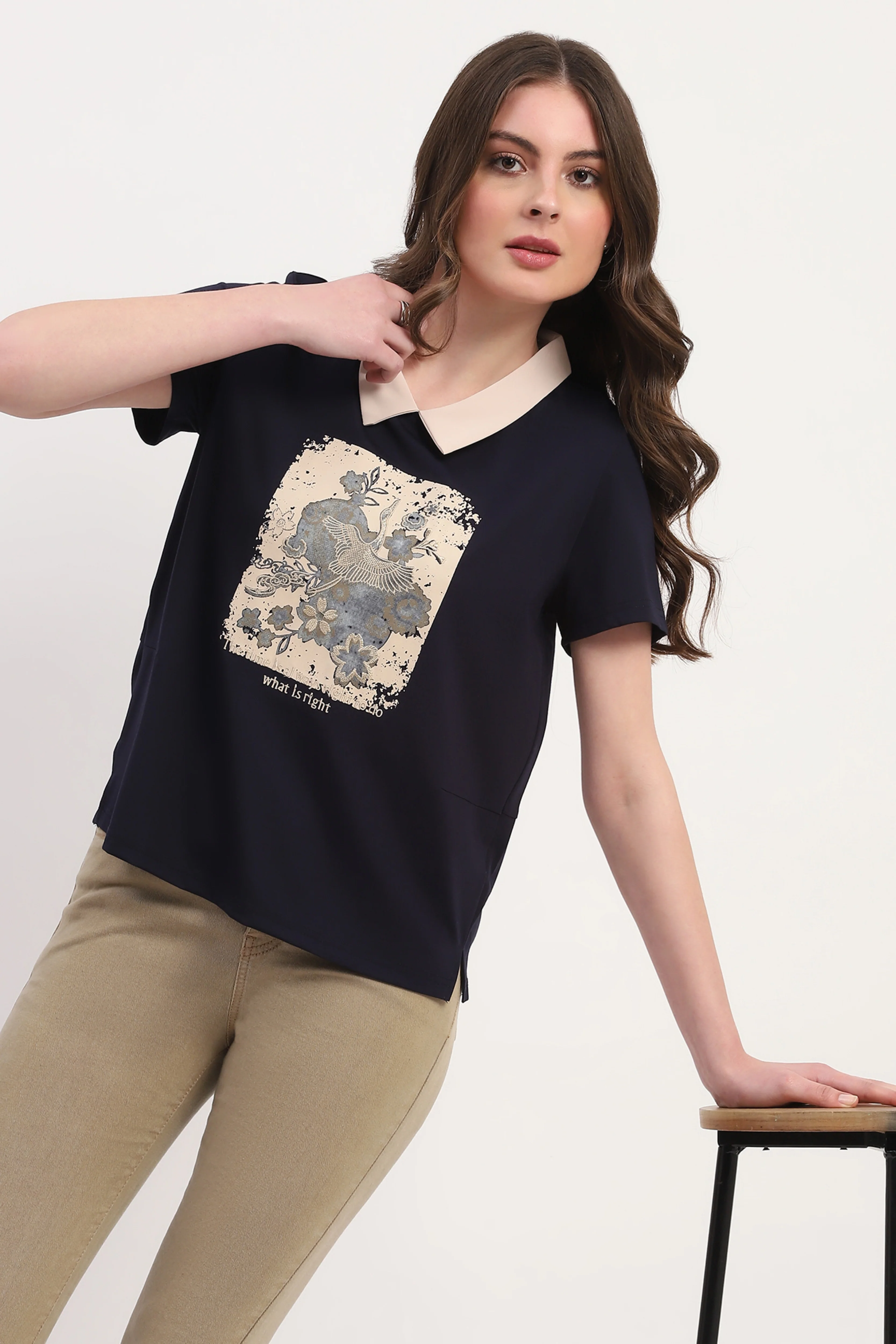 Navy Viscose Blend Graphic Print Top - Image 7