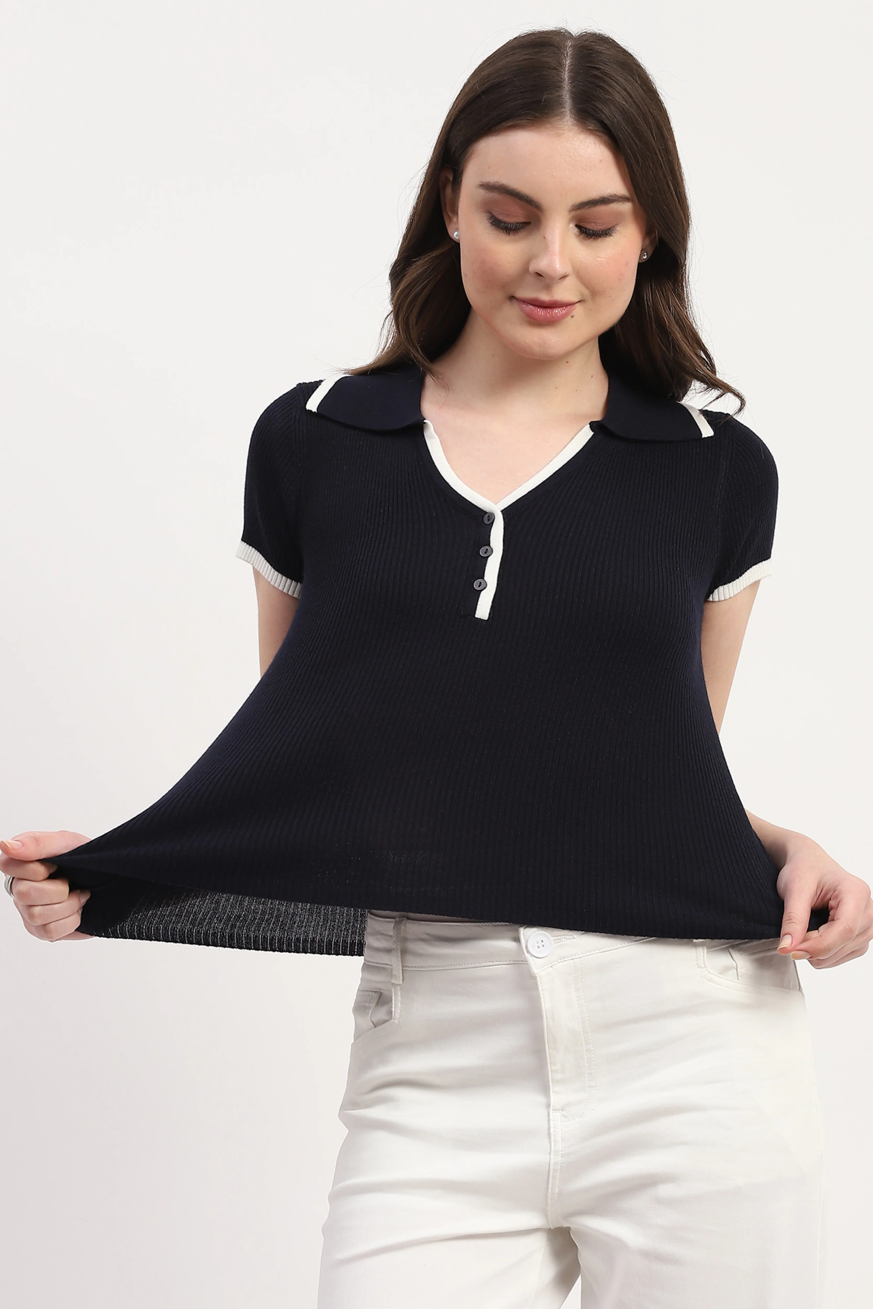 Navy Viscose Nylon Knitted Top - Image 8