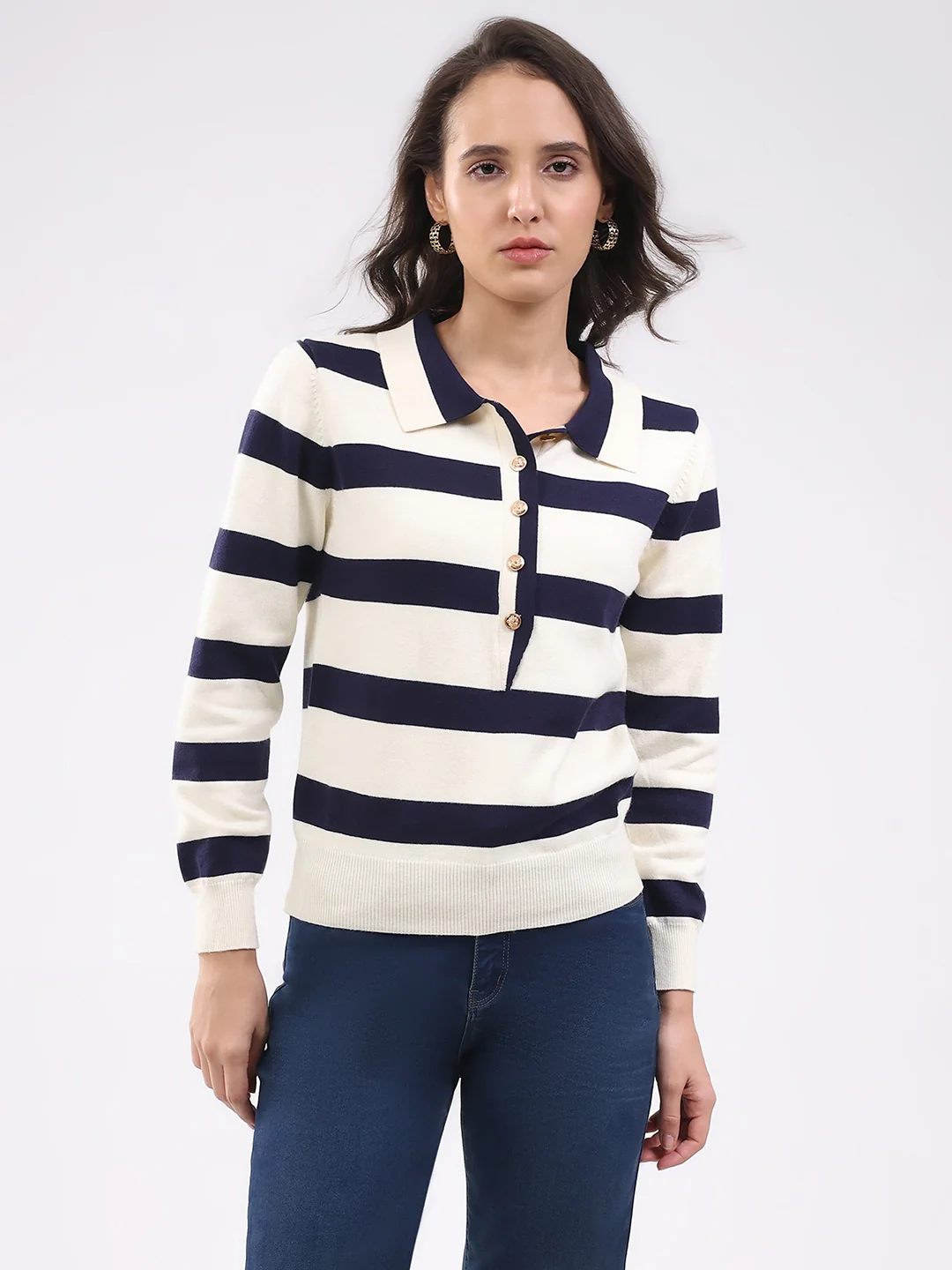 Navy Wool Blend Striped Pullover - Image 3