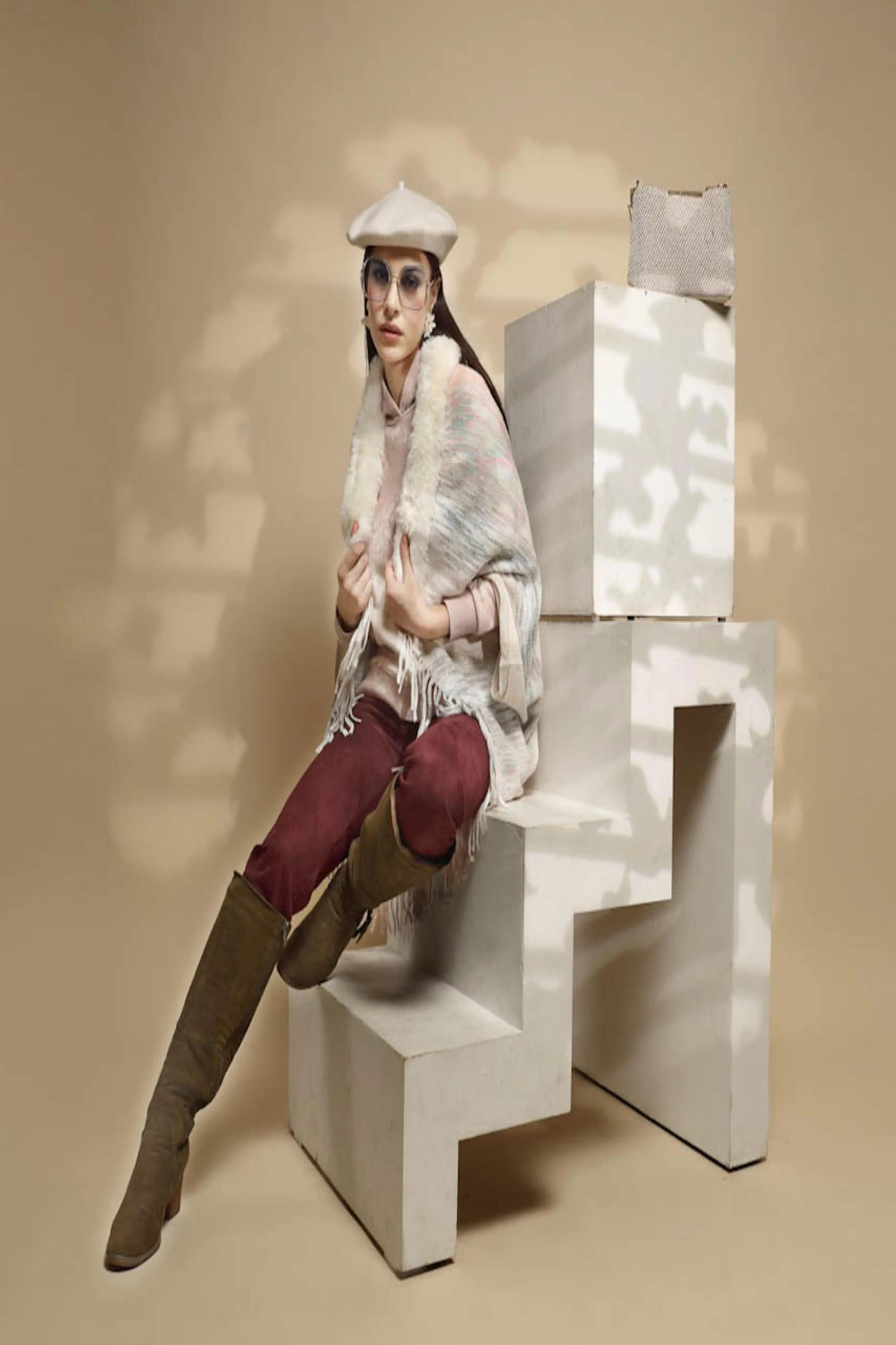 Off White Abstract Print Acrylic Cape - Image 7