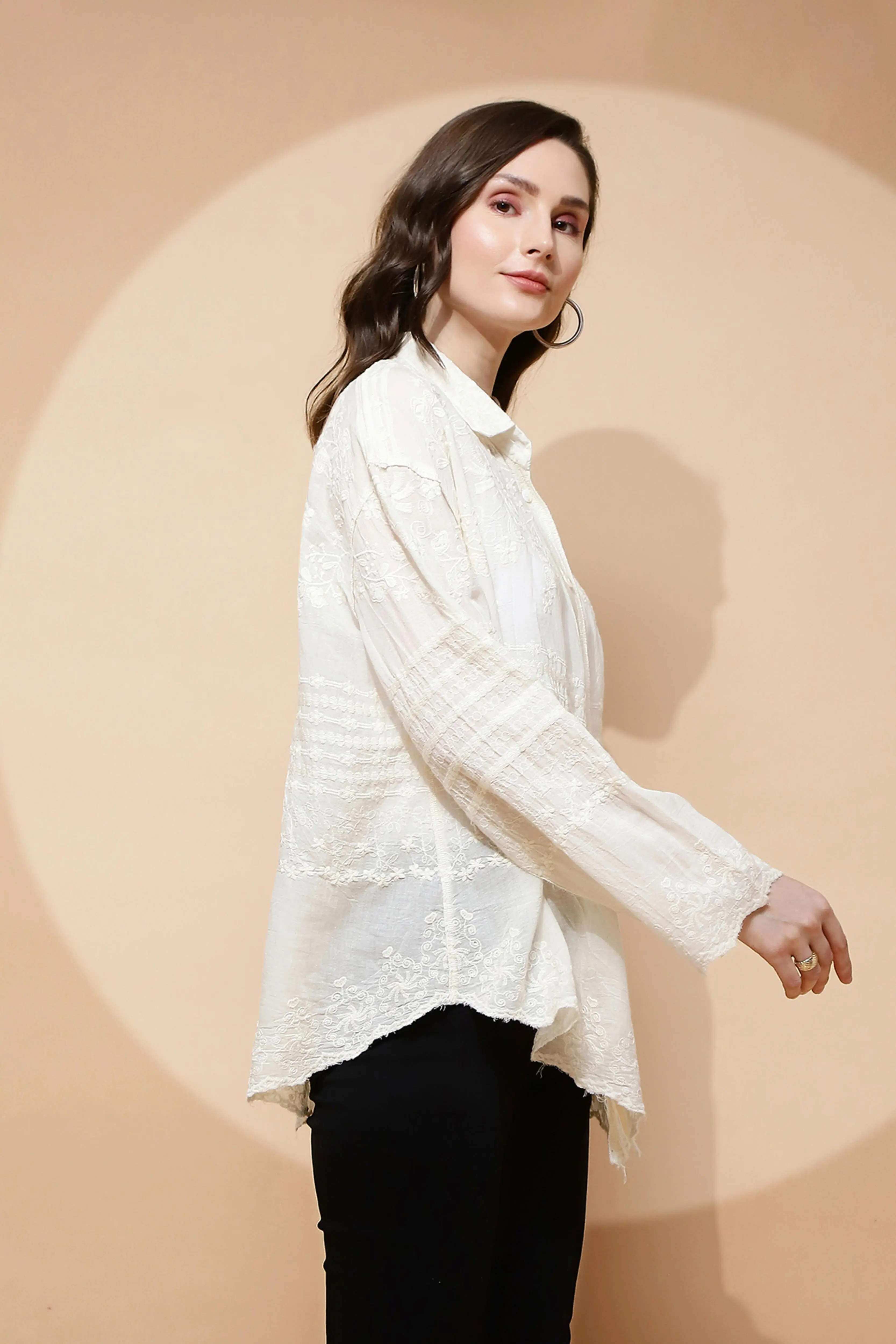 White Cotton Embroidered Loose Shirt - Image 3