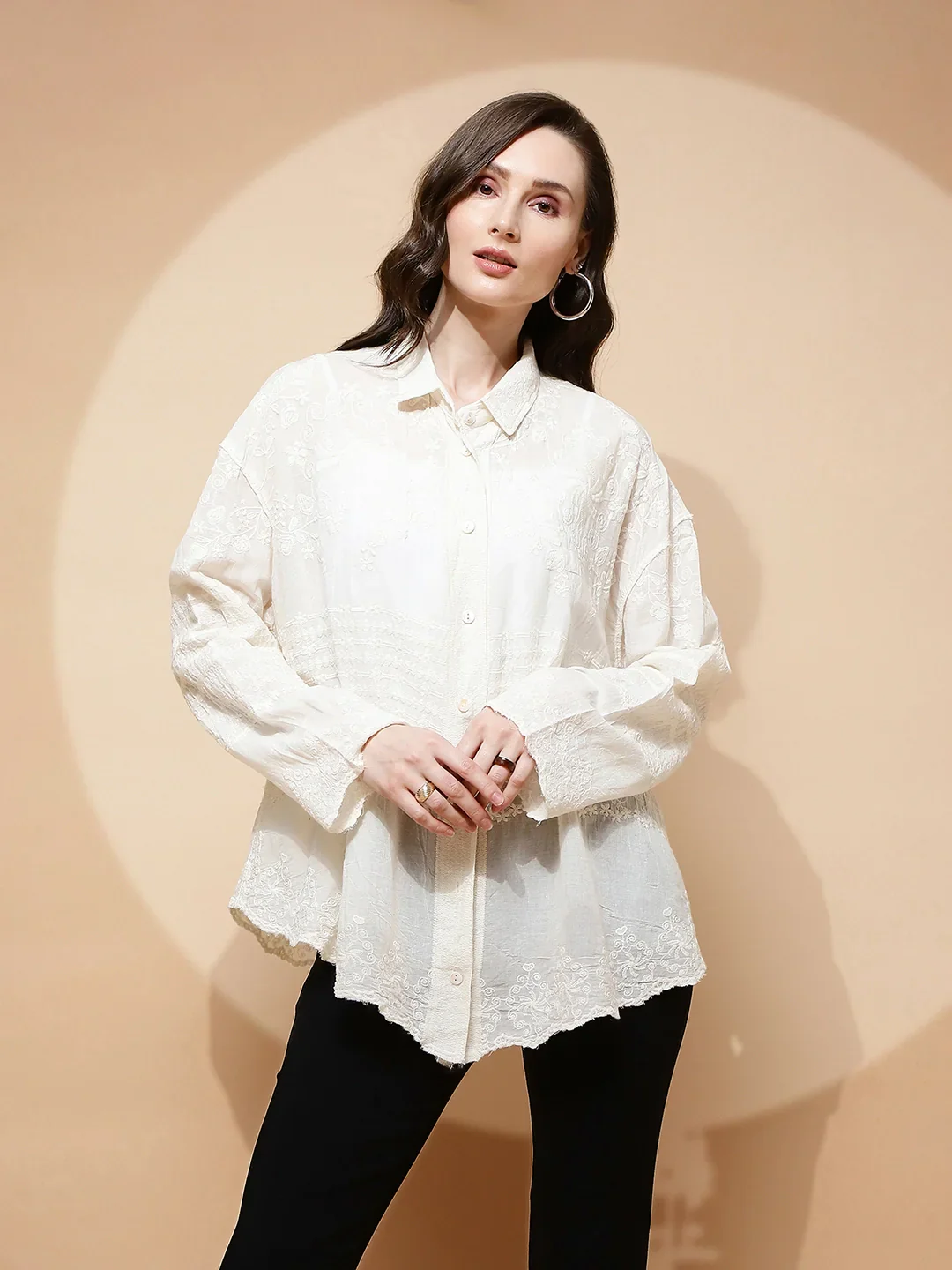 White Cotton Embroidered Loose Shirt - Image 9