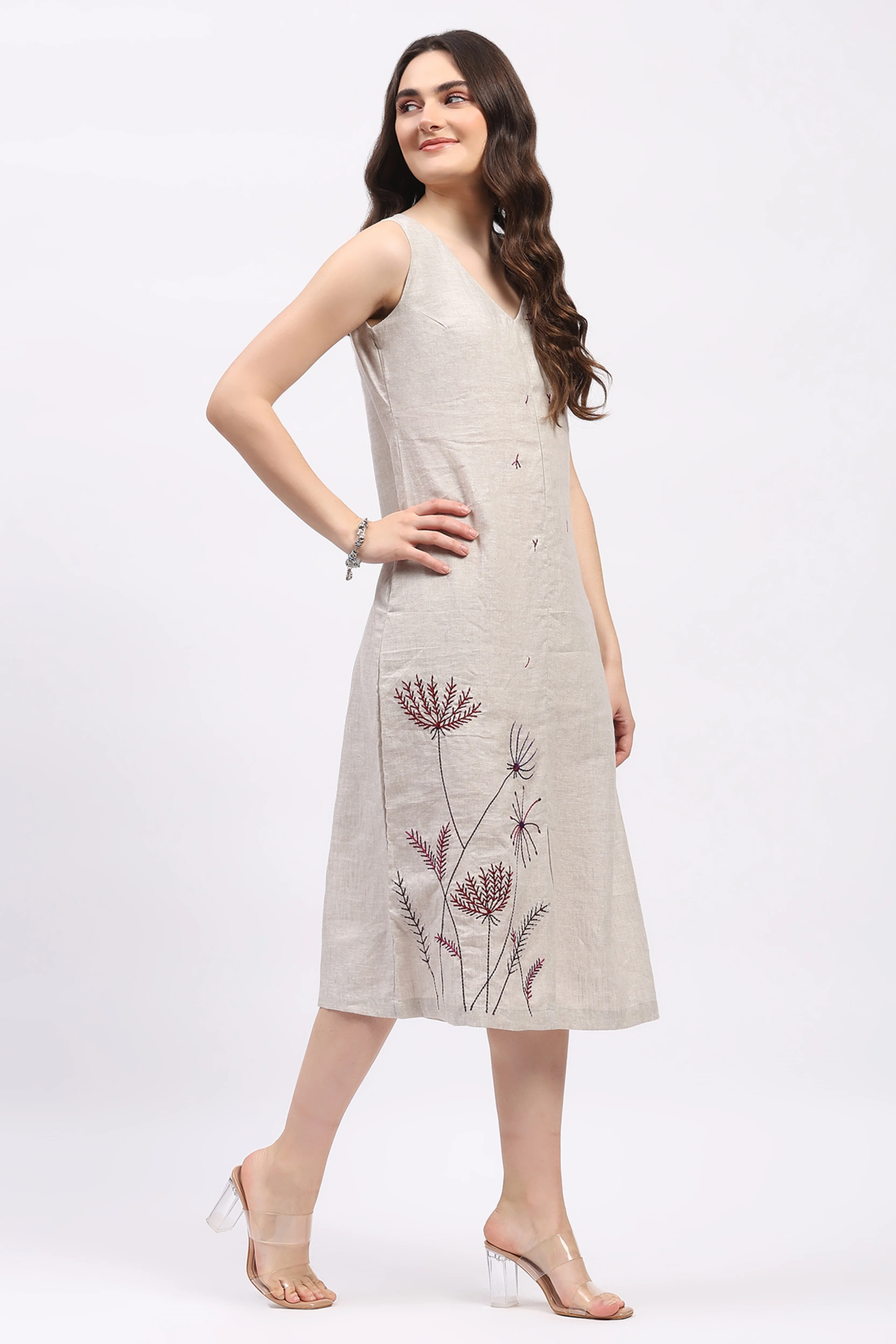 Off-White Embroidered Linen Dress - Image 3