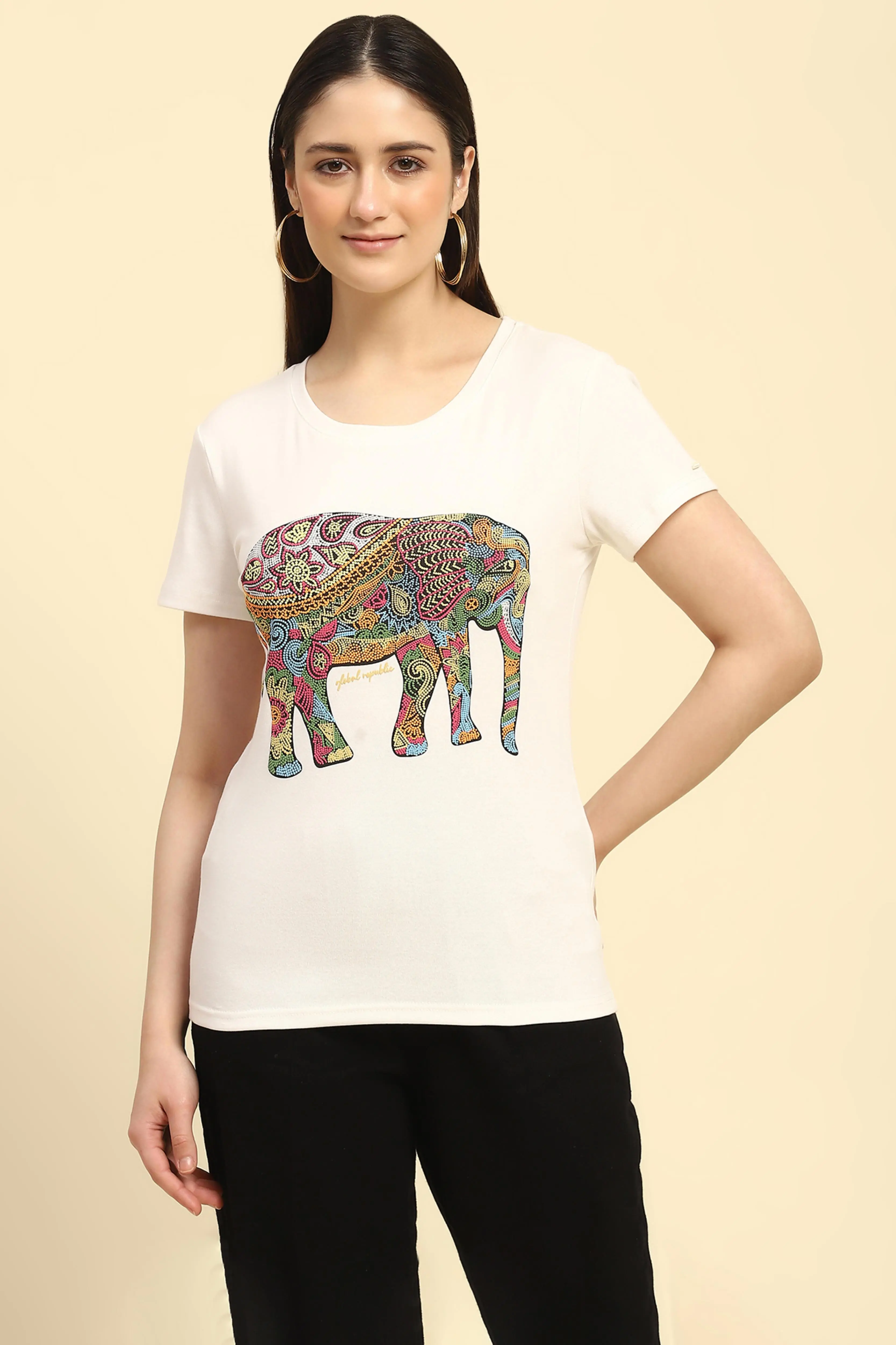 Ecru Graphic Cotton Regular Fit Top