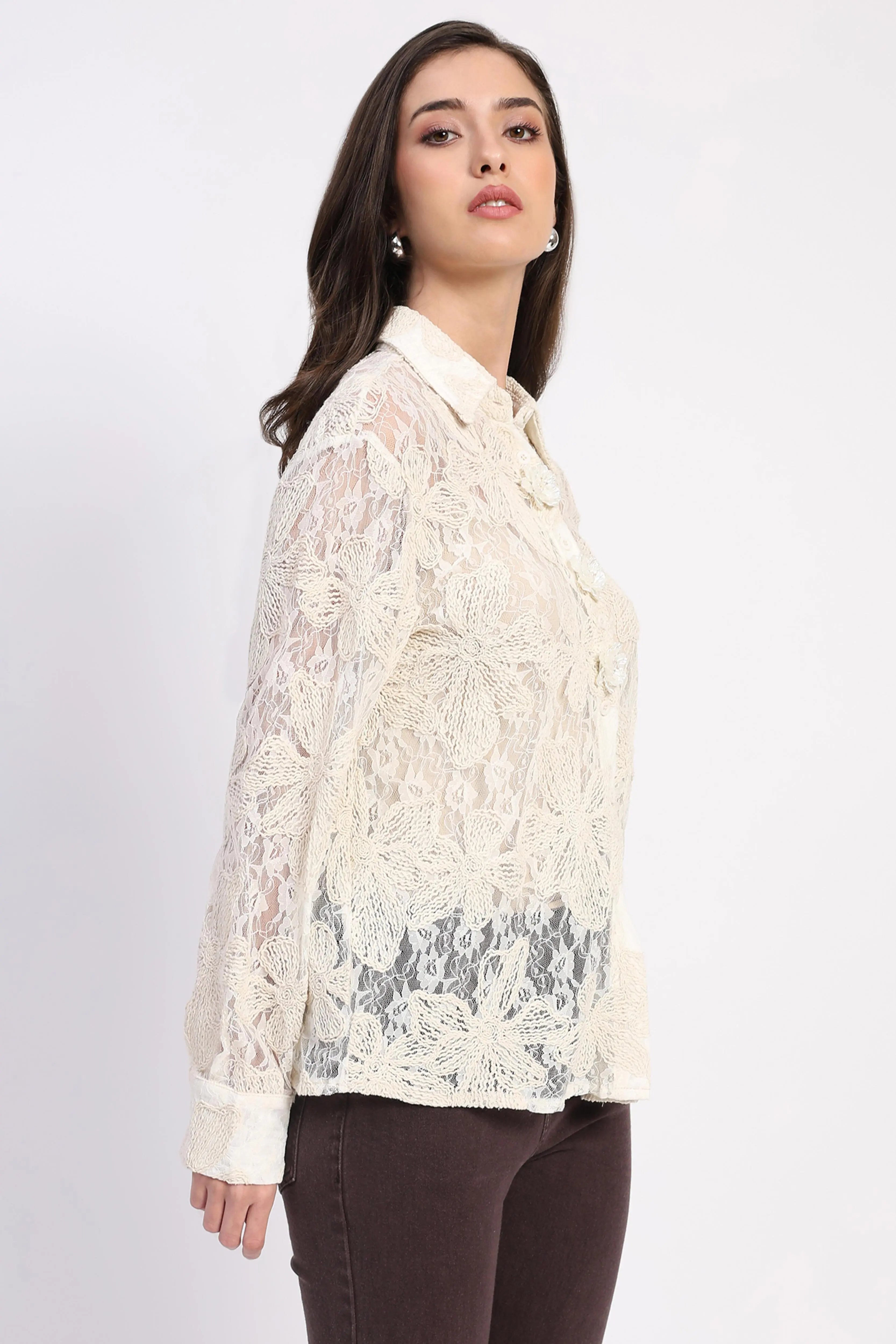 Off-White Sheer Lace Embroidered Shirt - Image 3