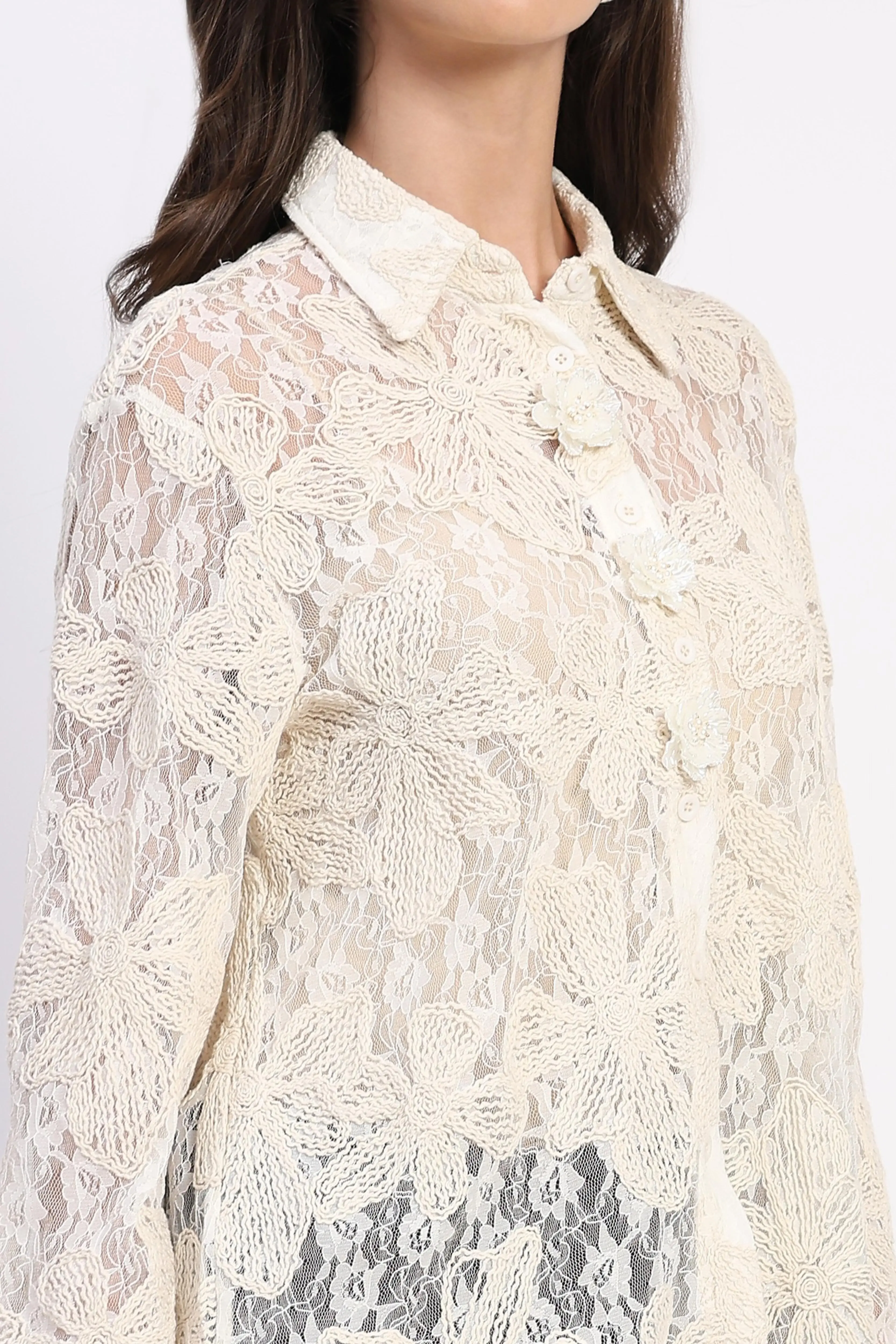 Off-White Sheer Lace Embroidered Shirt - Image 5