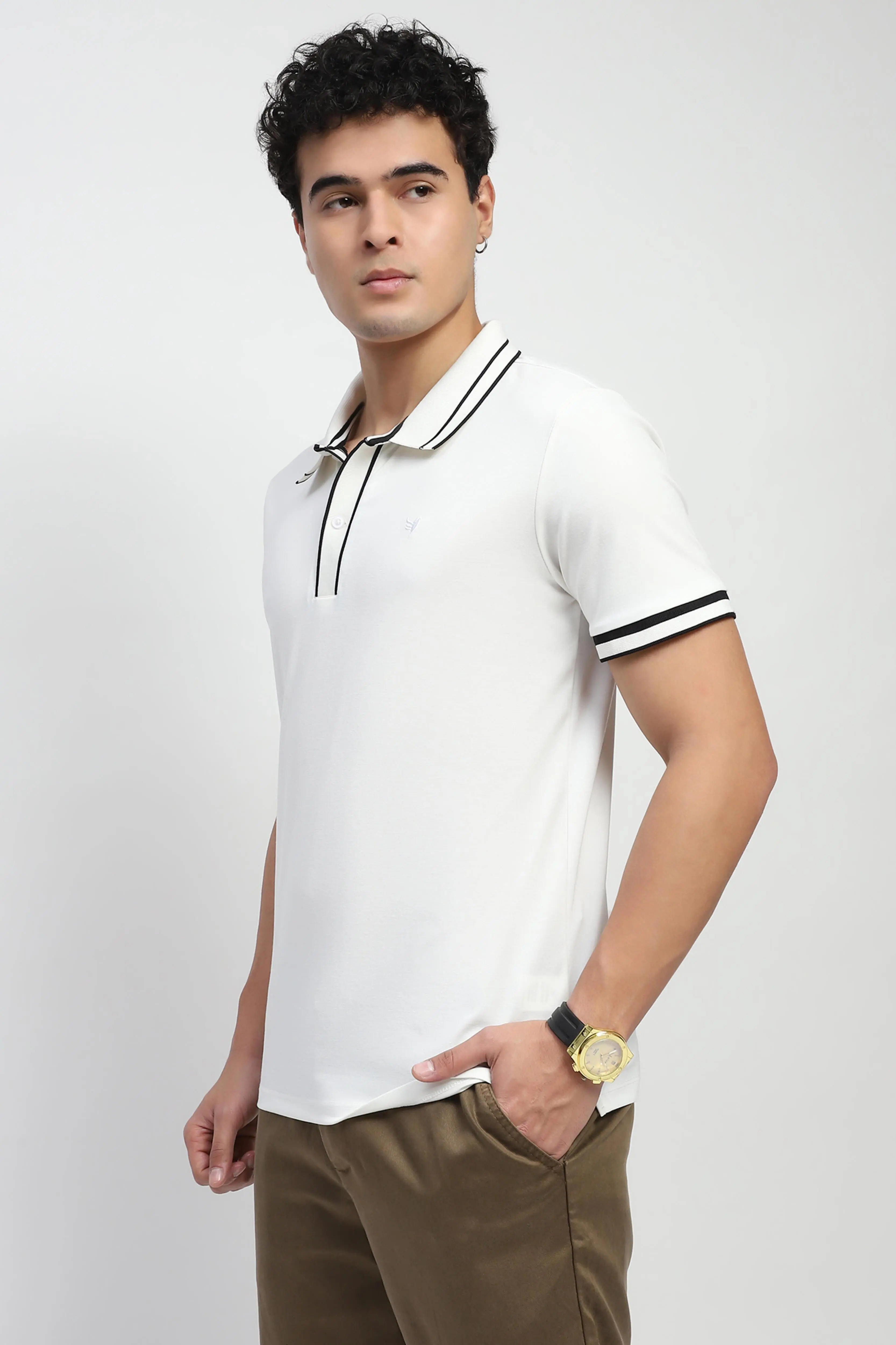 White Solid Cotton Blend Polo T-Shirt - Image 2
