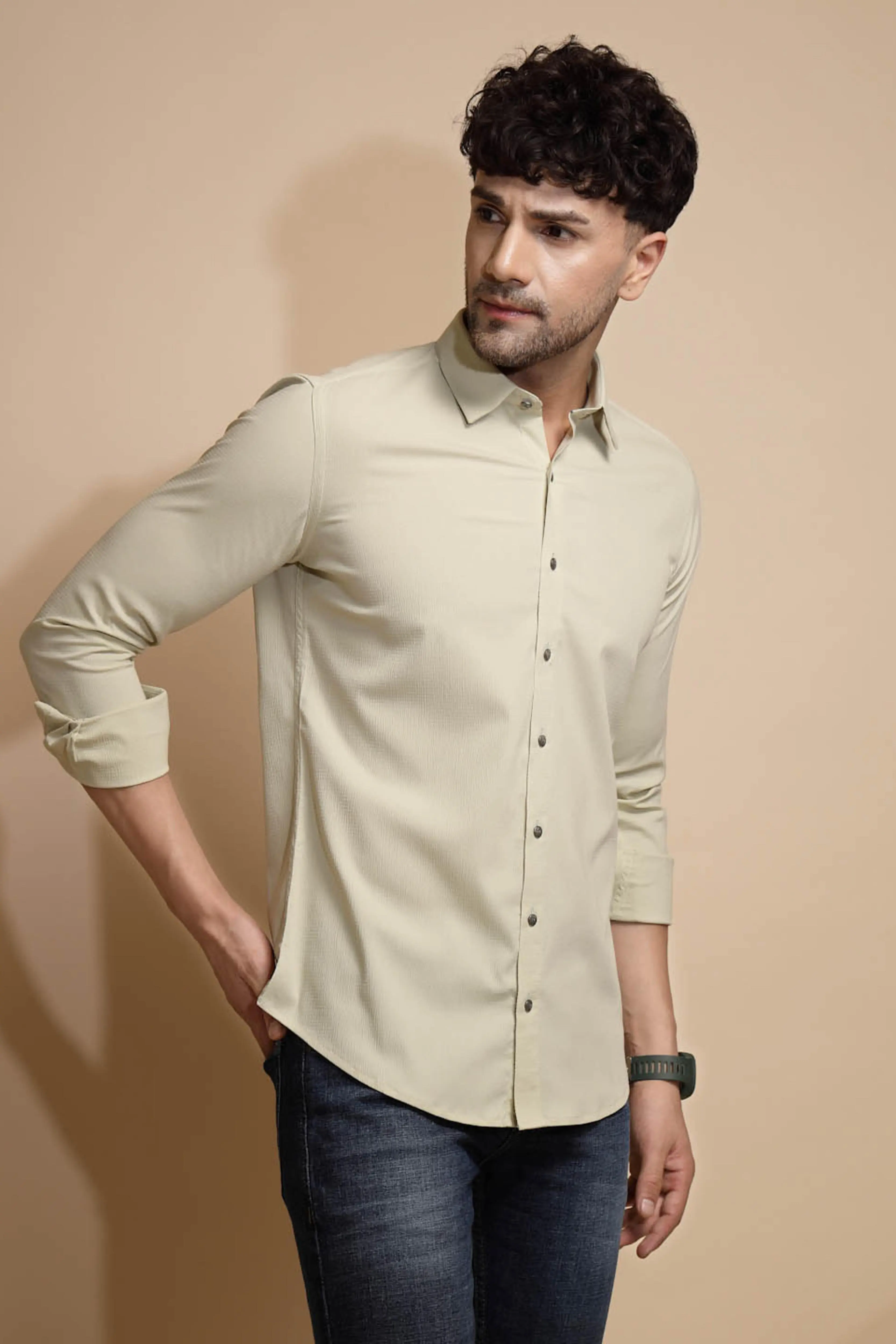 Off White Solid Full Sleeve Collared Neck Shirt - Image 3