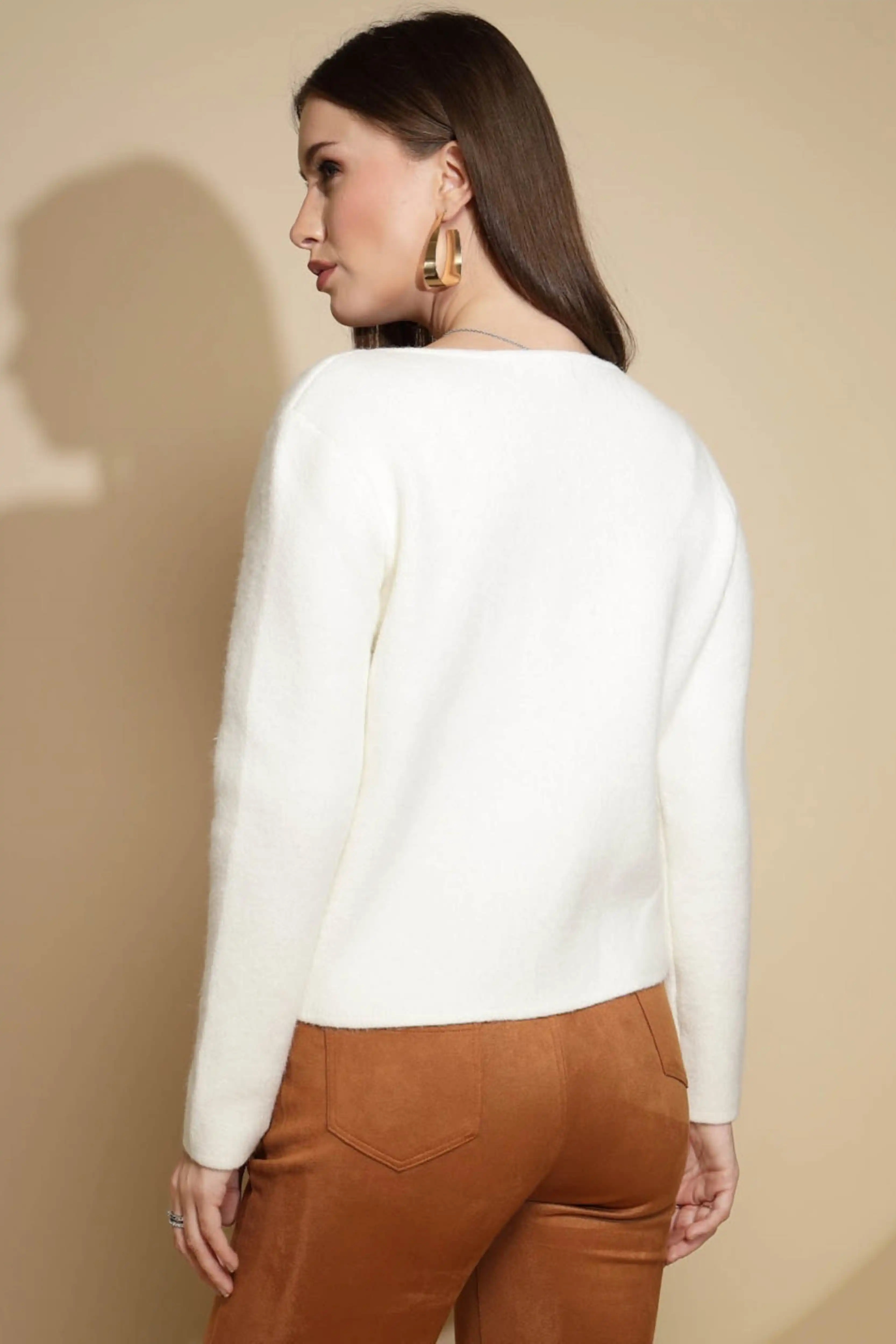 Off White Solid Acrylic Winter Coat - Image 4