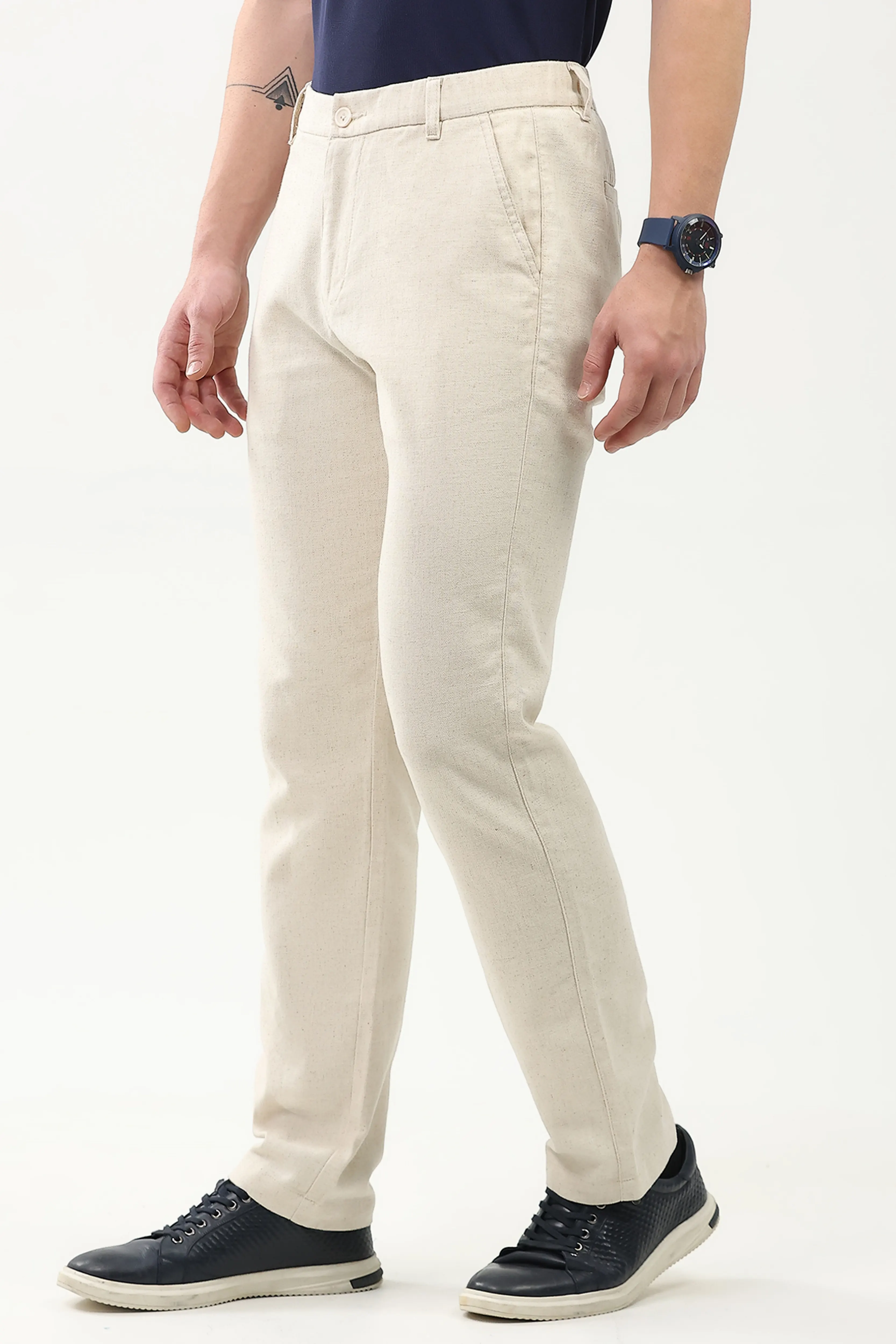 Off-White Solid Linen-Blend Trousers - Image 3