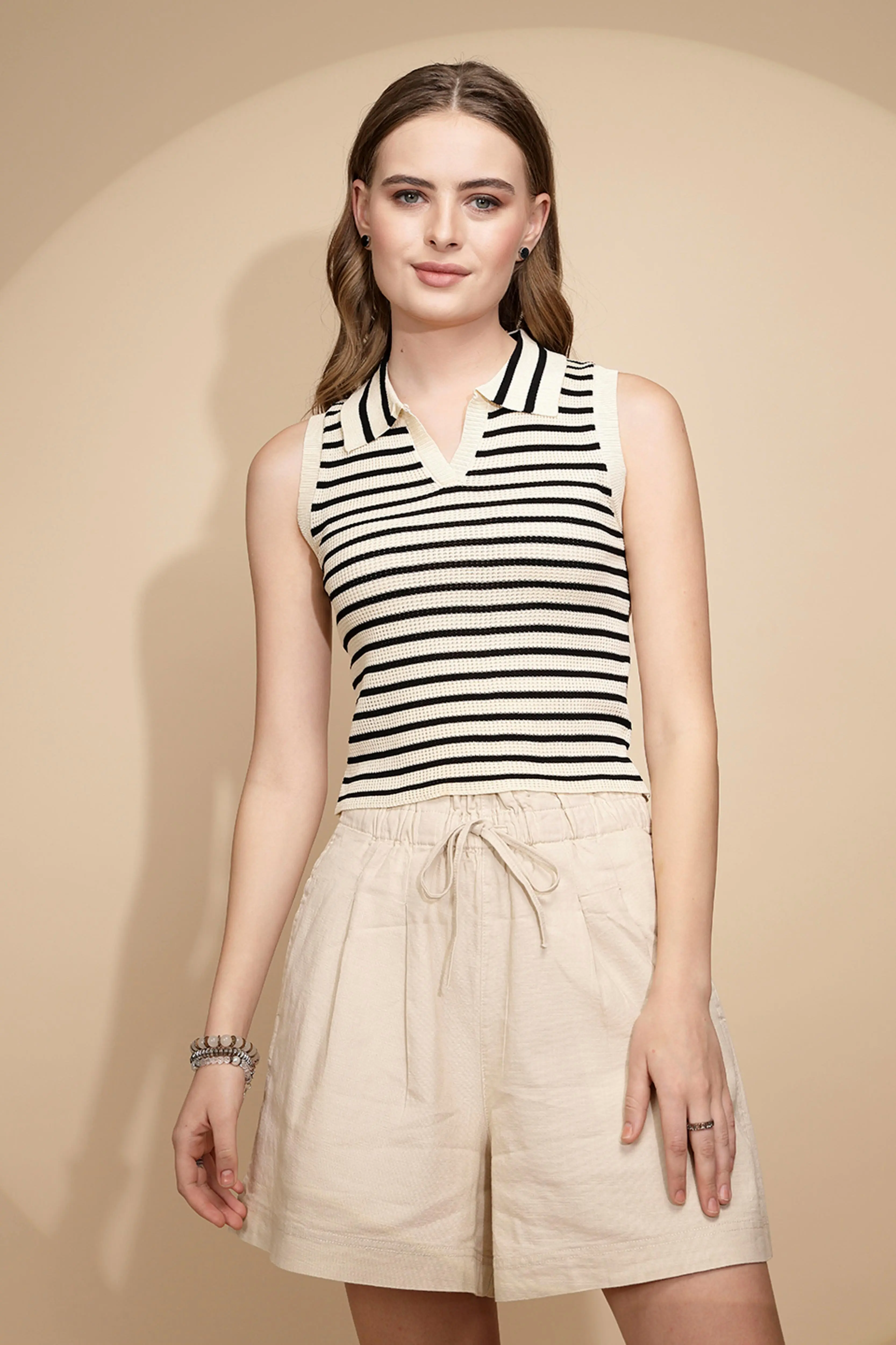 Off White Viscose Slim Fit Crop Top