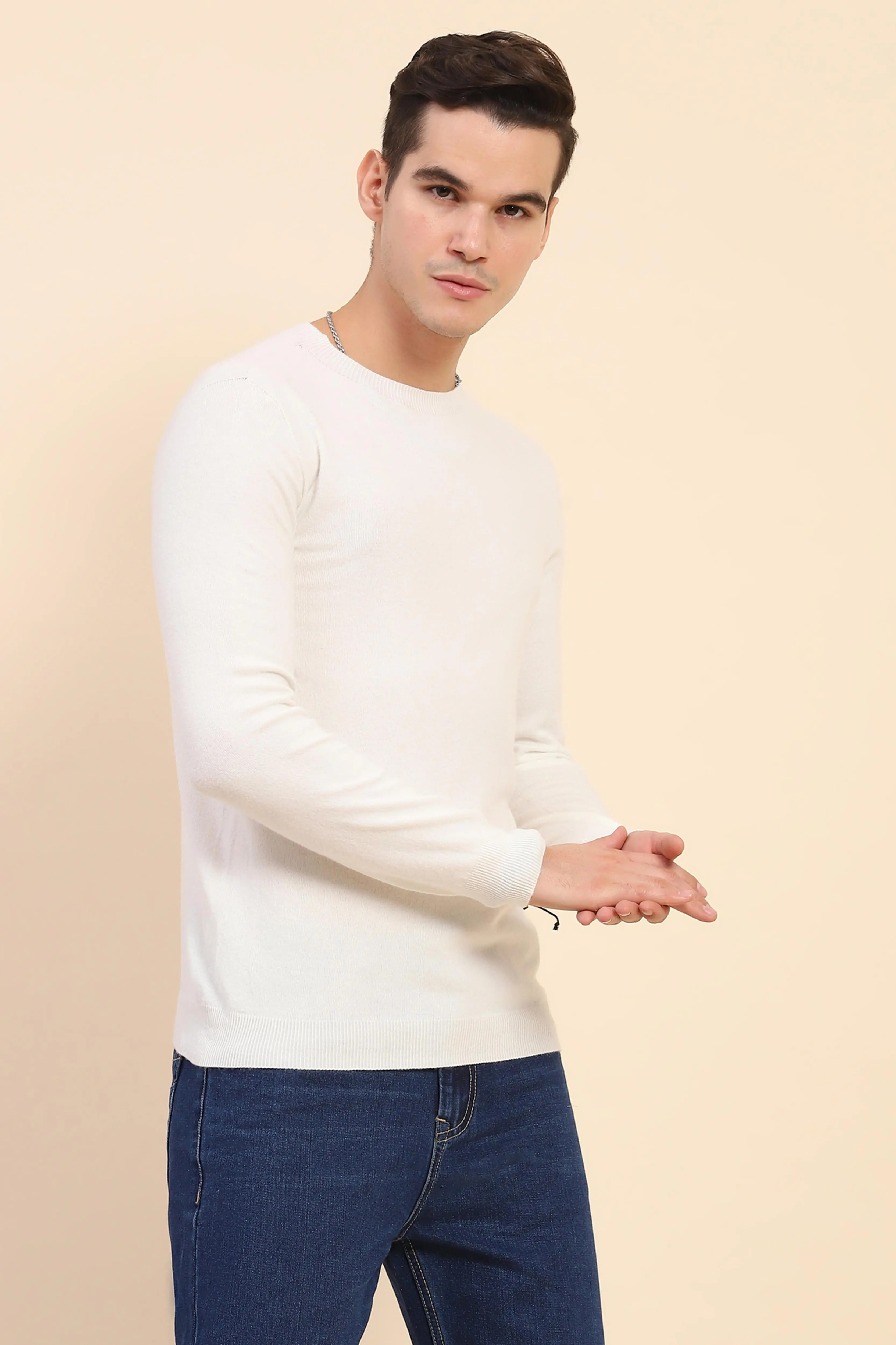 Off White Solid Wool Blend Pullover - Image 3