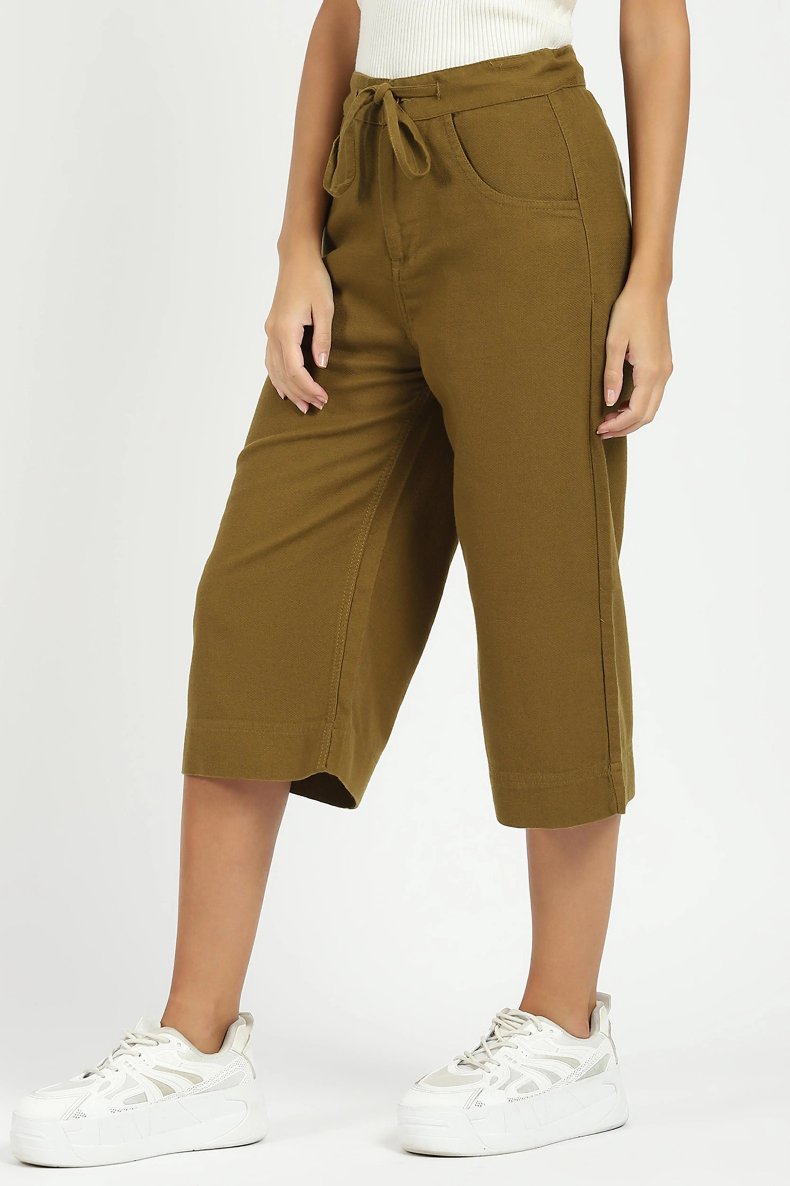 Olive Cotton Relaxed Fit Culottes - Image 2