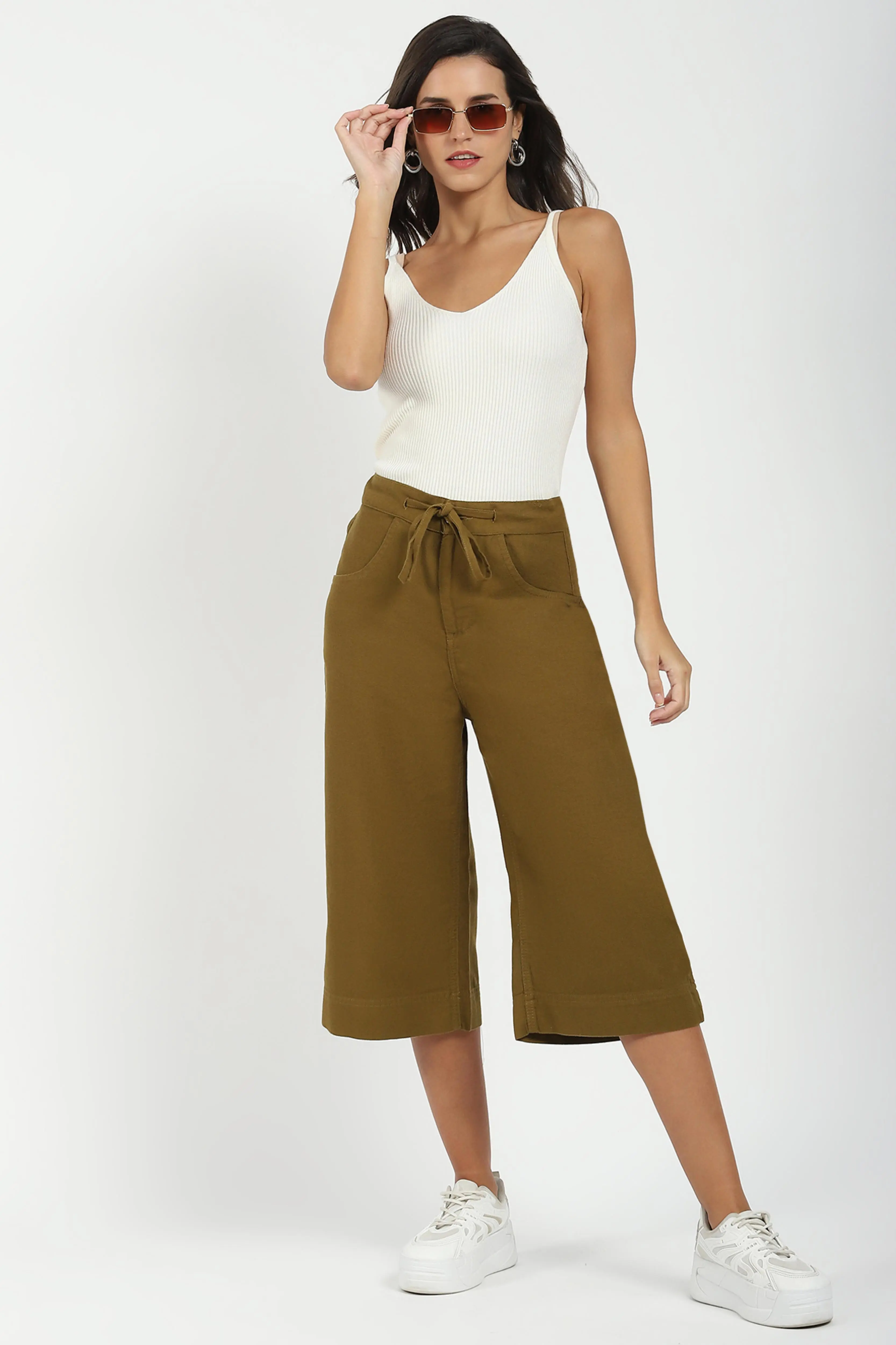 Olive Cotton Relaxed Fit Culottes - Image 6