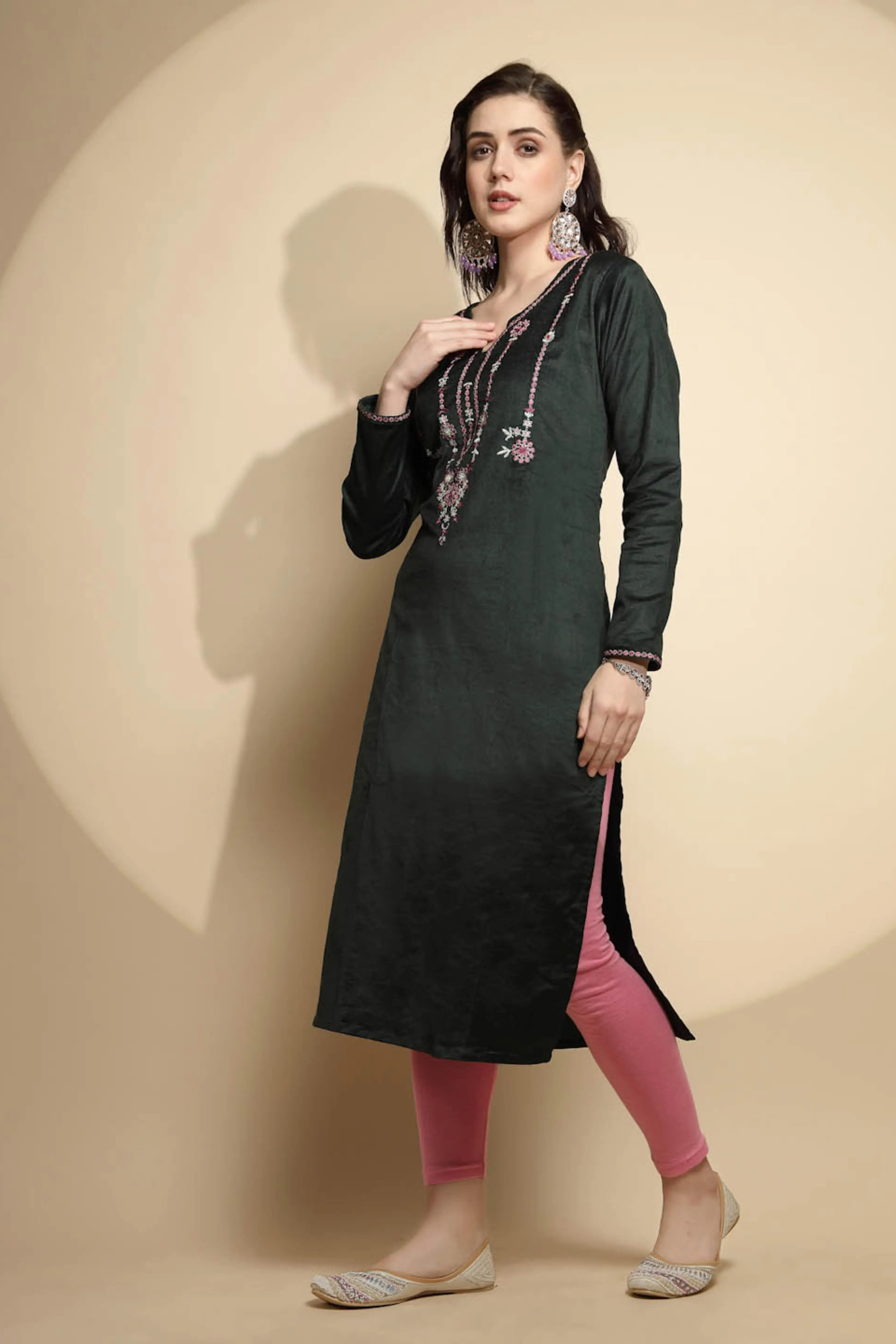 Olive Embellished Cotton Kurta - Image 3