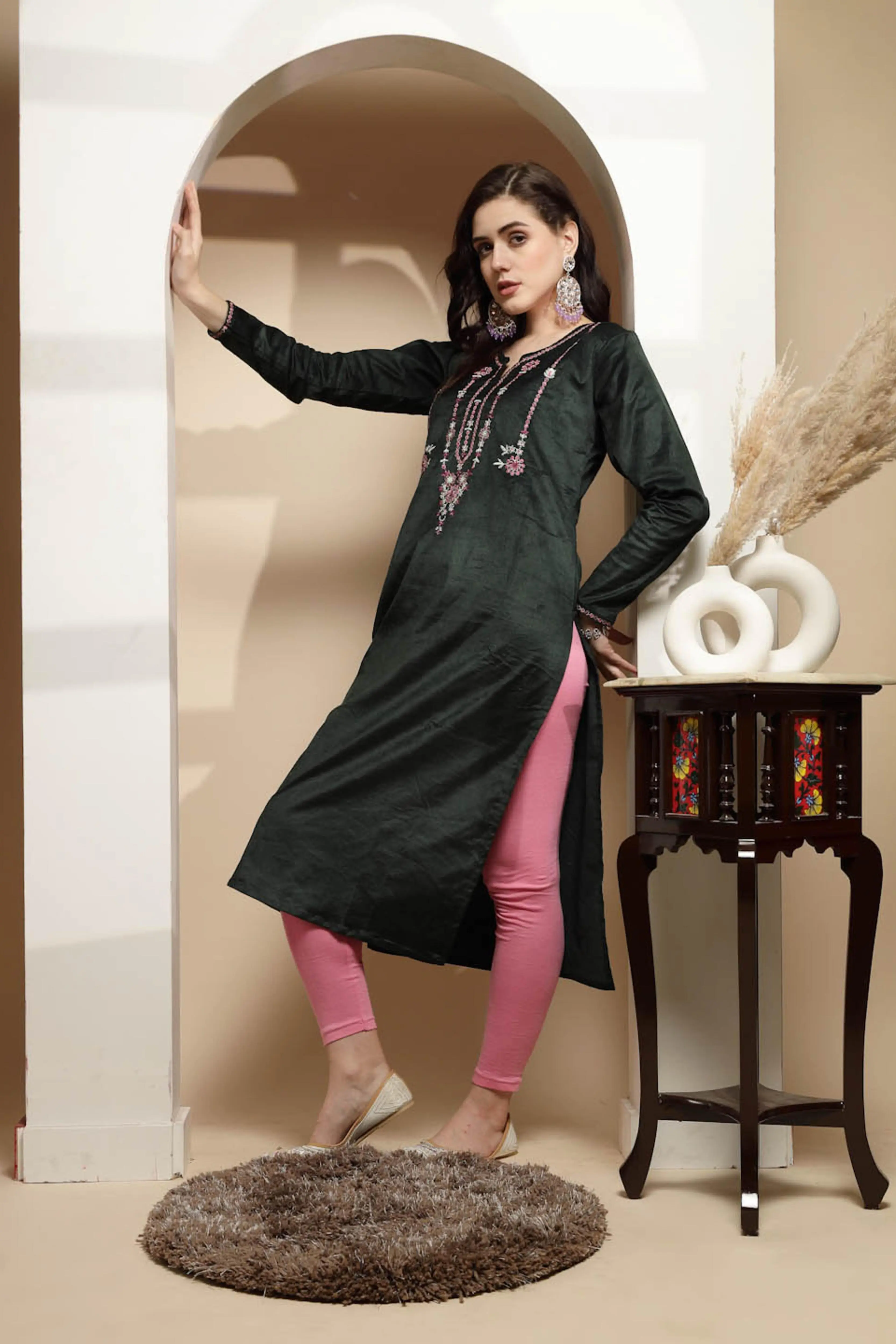 Olive Embellished Cotton Kurta - Image 6