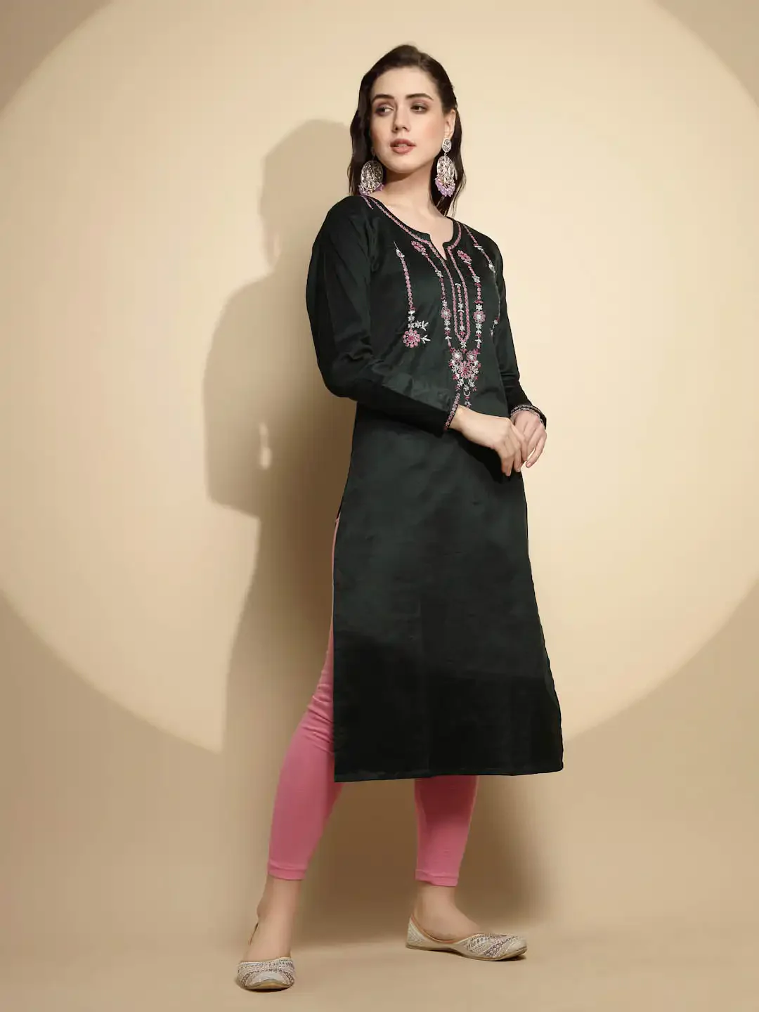 Olive Embellished Cotton Kurta - Image 9